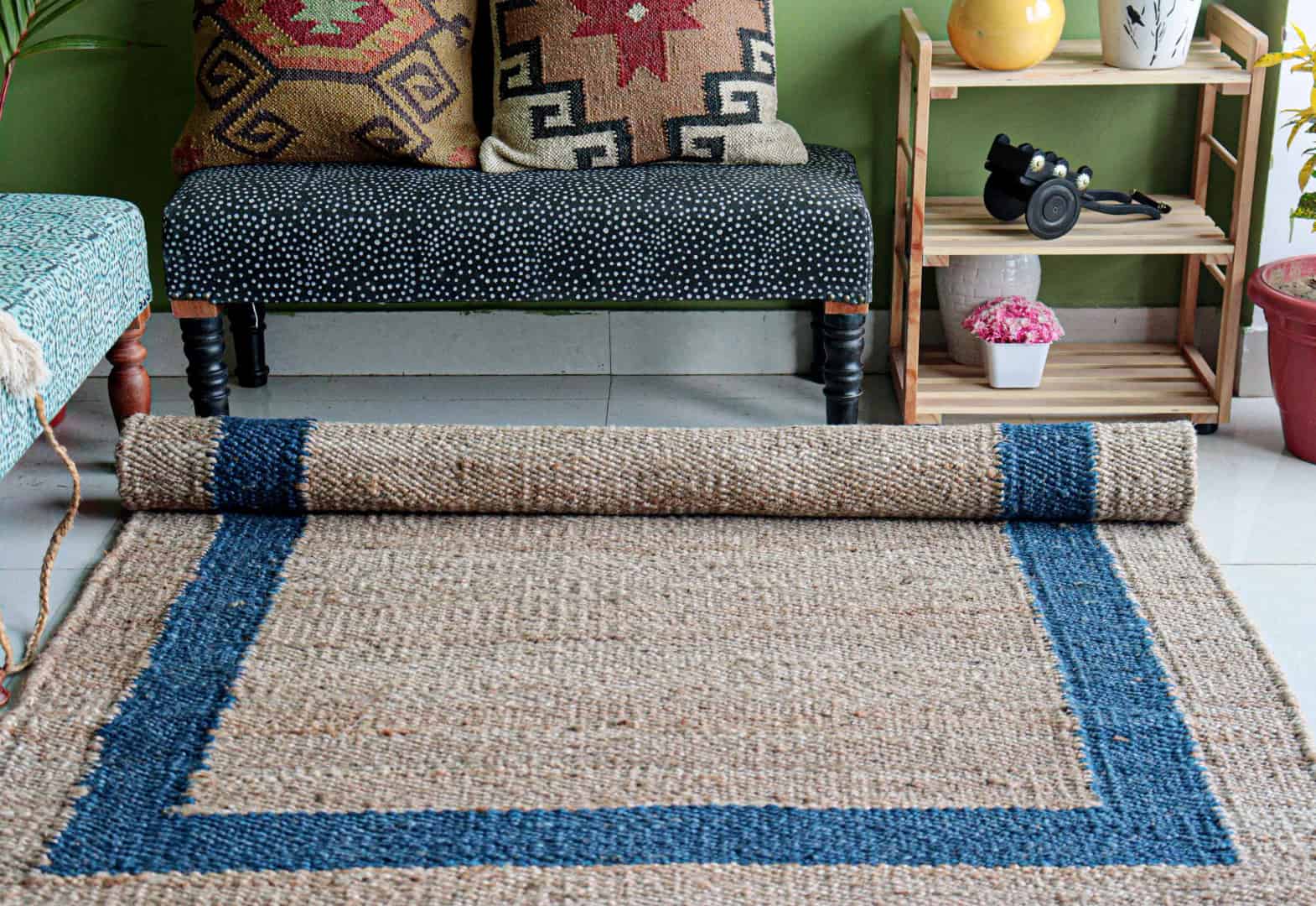 Handmade Natural Jute Hemp Rug With Blue Border Stair Decor Hemp Hand Loomed Handwoven Rugs Throw Carpet Home Decor Hemp Rug For Living Home Decor Rug  - Image 3