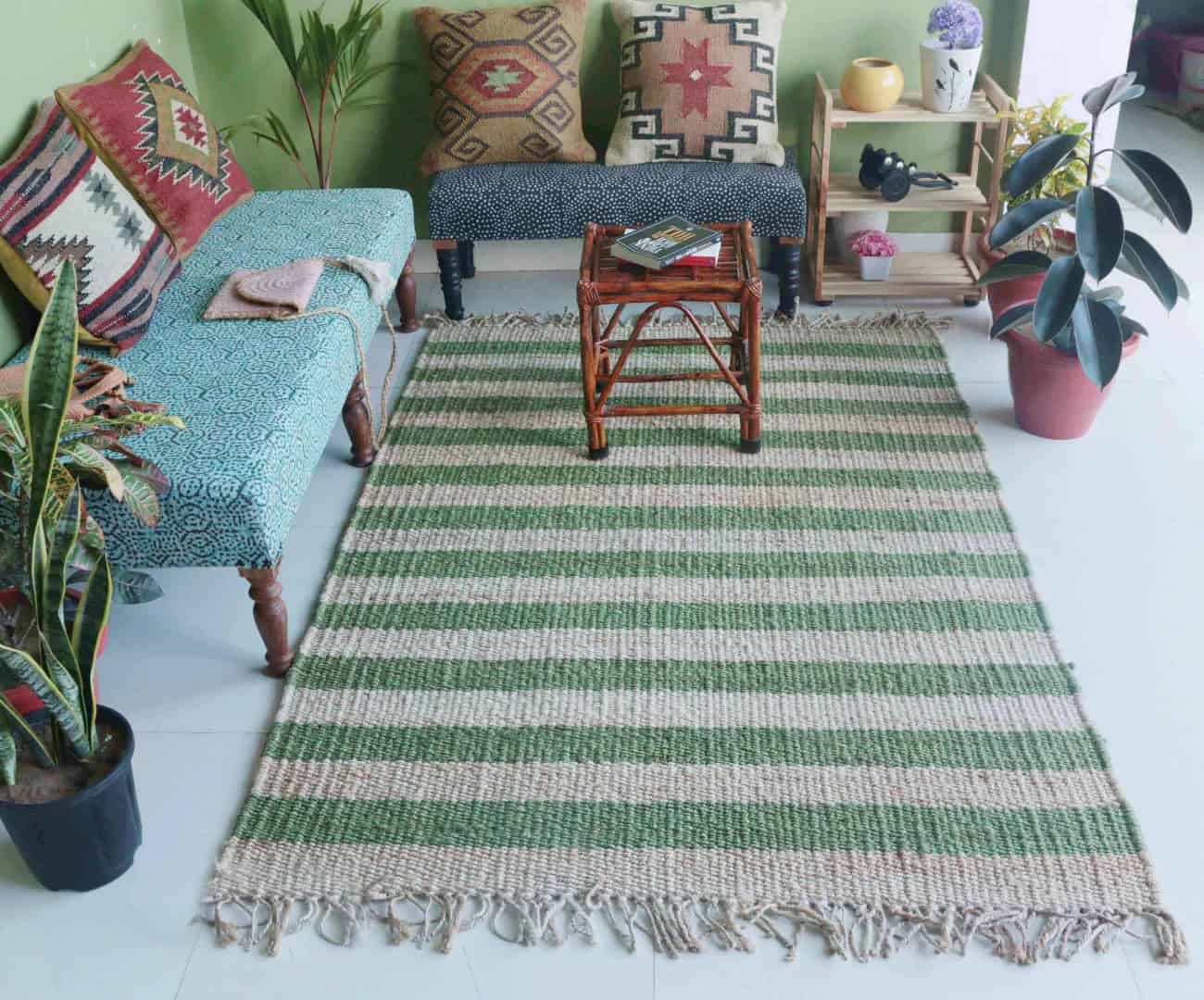 Handwoven Boho Decor Natural Hemp Jute Rug With Green Stripes Hemp Rug For Home and Living Interior Kitchen Decor Hemp Rug Vintage Jute Area Rug Eco Friendly Rug  - Image 1