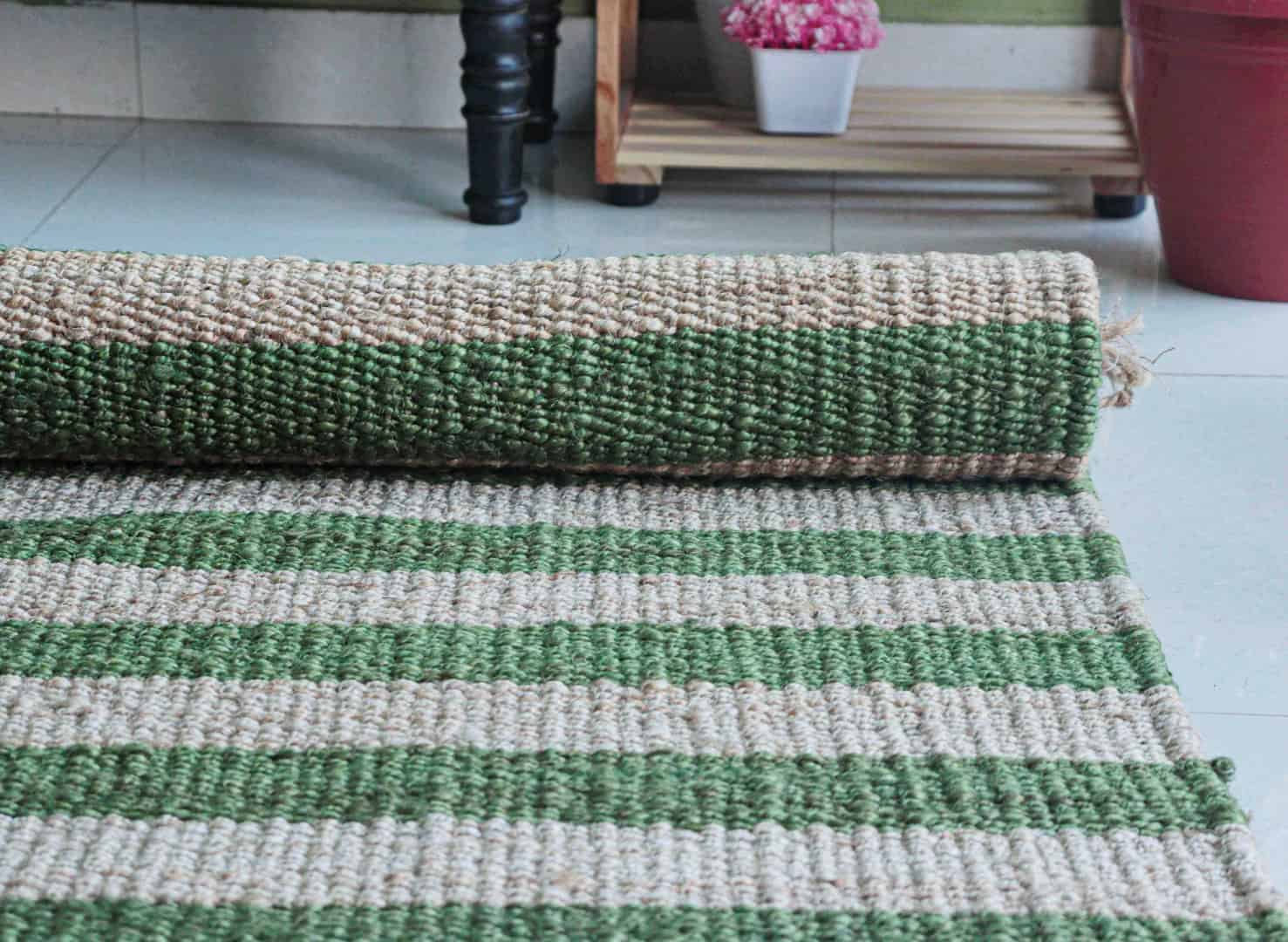 Handwoven Boho Decor Natural Hemp Jute Rug With Green Stripes Hemp Rug For Home and Living Interior Kitchen Decor Hemp Rug Vintage Jute Area Rug Eco Friendly Rug  - Image 6