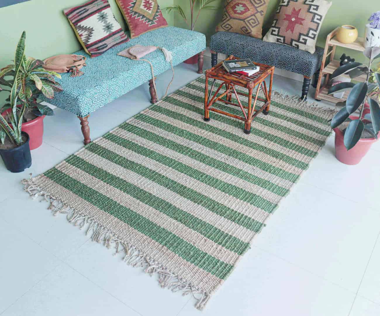Handwoven Boho Decor Natural Hemp Jute Rug With Green Stripes Hemp Rug For Home and Living Interior Kitchen Decor Hemp Rug Vintage Jute Area Rug Eco Friendly Rug  - Image 4