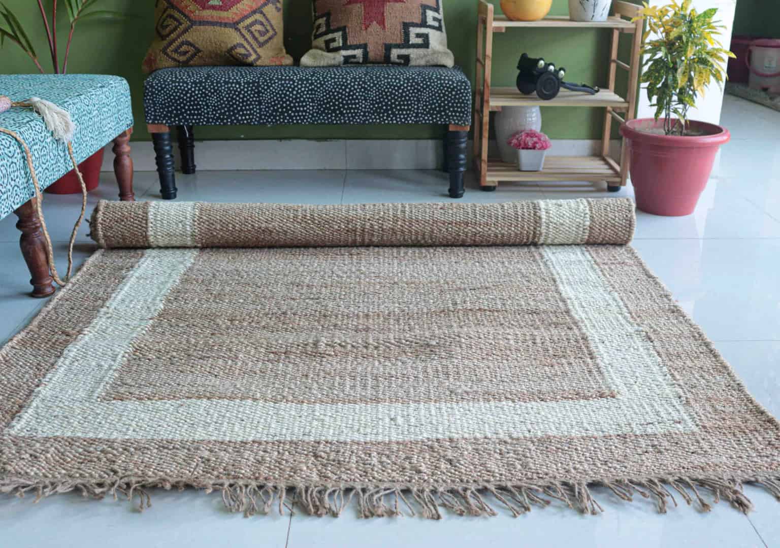 Indian Handmade Beige Jute Hemp Rug With White Color Border Boho Decor Hemp Jute Carpet Hallway Decor Hemp Jute Rug Vintage Jute Large Area Rug Boho Decor Rug - Image 4