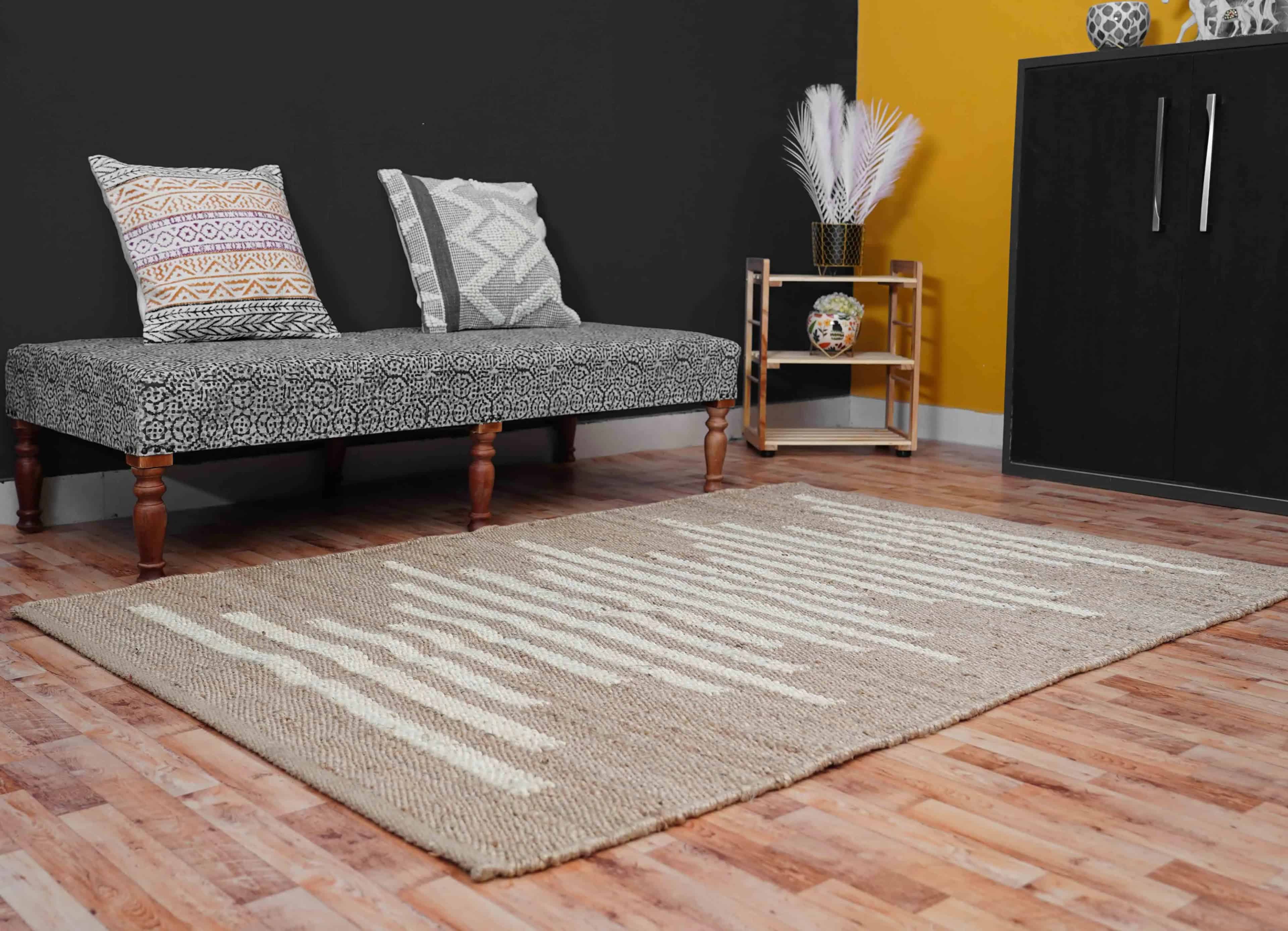 Handwoven Beige Hemp Rug With White Stripe Design Jute Hemp Rectangle Hemp Rug For Stair Decor Tufted Hemp Rug Natural Fiber Hemp For Living Decor Home Rug  - Image 3