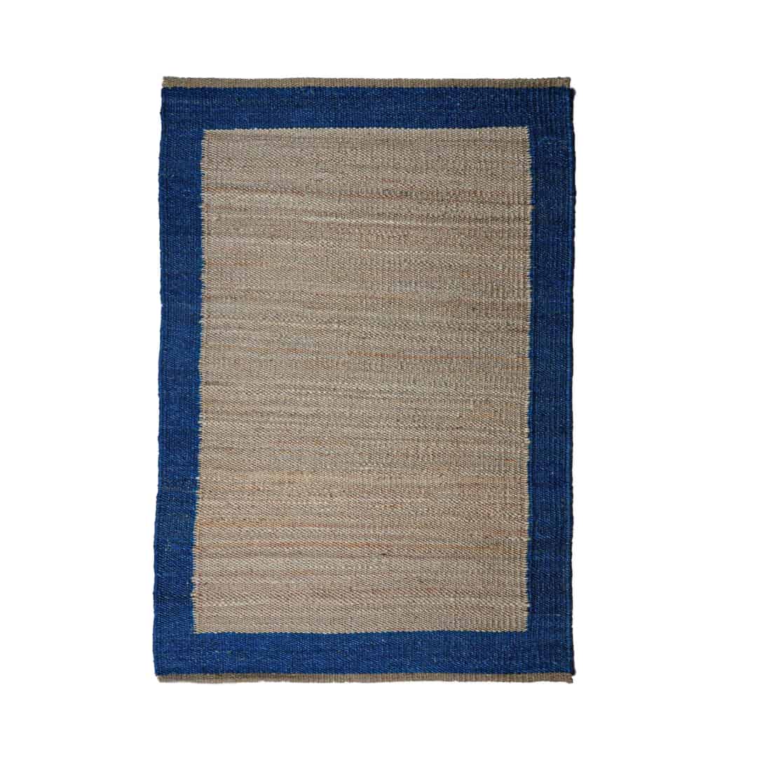 Indian Handmade Beige Hemp Rectangle Jute Rug With Blue Border Jute Rug Tufted Hemp Rug Moroccan Hemp Jute Rug Natural Fiber Hemp For Living Home Decorative Dhurrie Rug  - Image 1