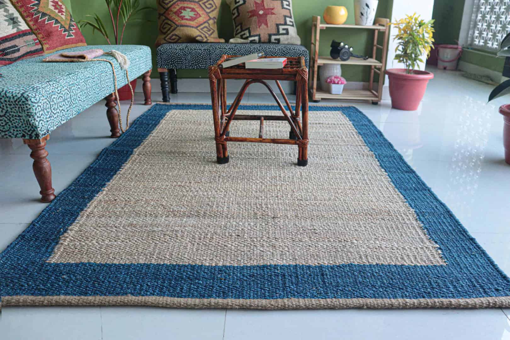 Indian Handmade Beige Hemp Rectangle Jute Rug With Blue Border Jute Rug Tufted Hemp Rug Moroccan Hemp Jute Rug Natural Fiber Hemp For Living Home Decorative Dhurrie Rug  - Image 3
