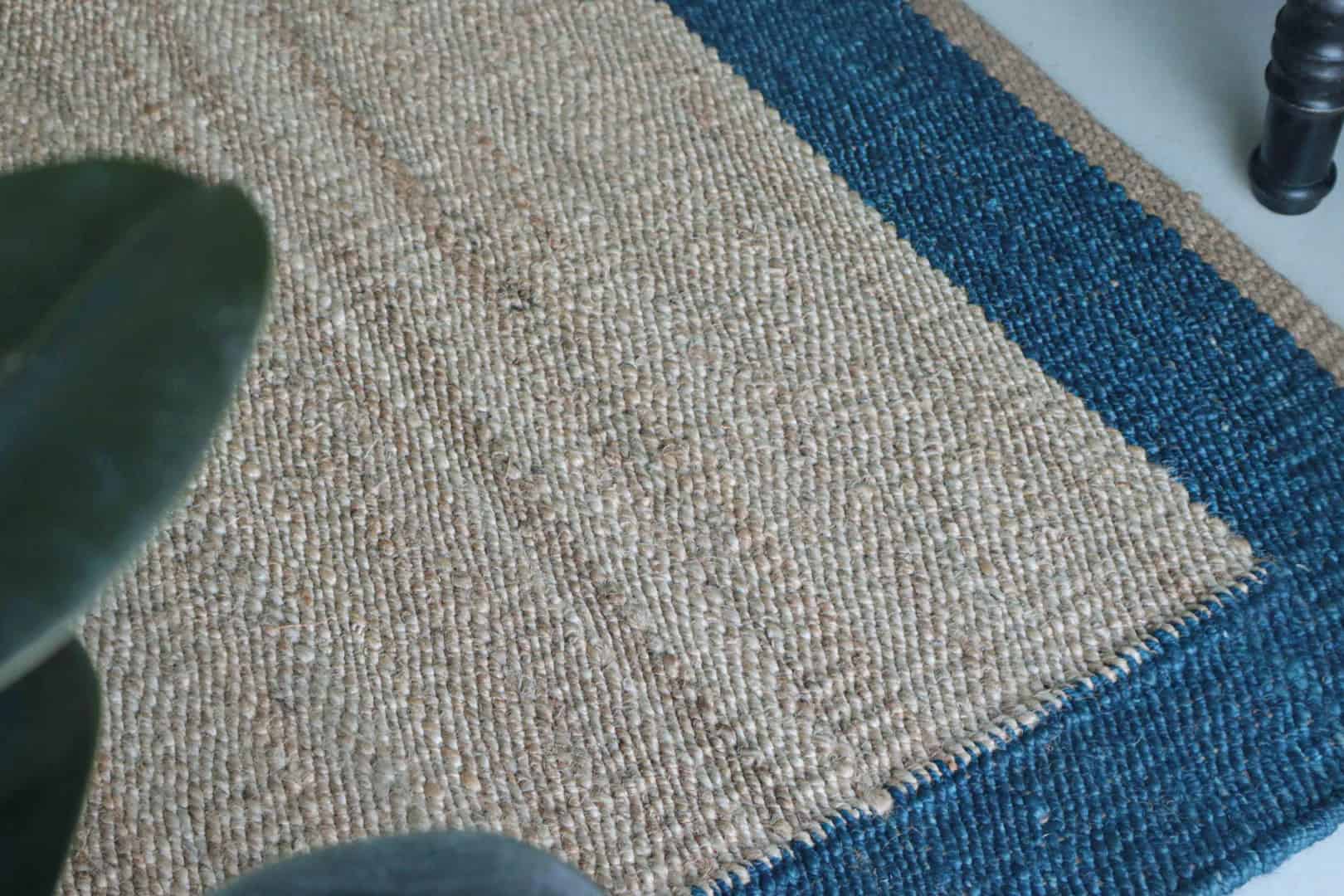 Indian Handmade Beige Hemp Rectangle Jute Rug With Blue Border Jute Rug Tufted Hemp Rug Moroccan Hemp Jute Rug Natural Fiber Hemp For Living Home Decorative Dhurrie Rug  - Image 7