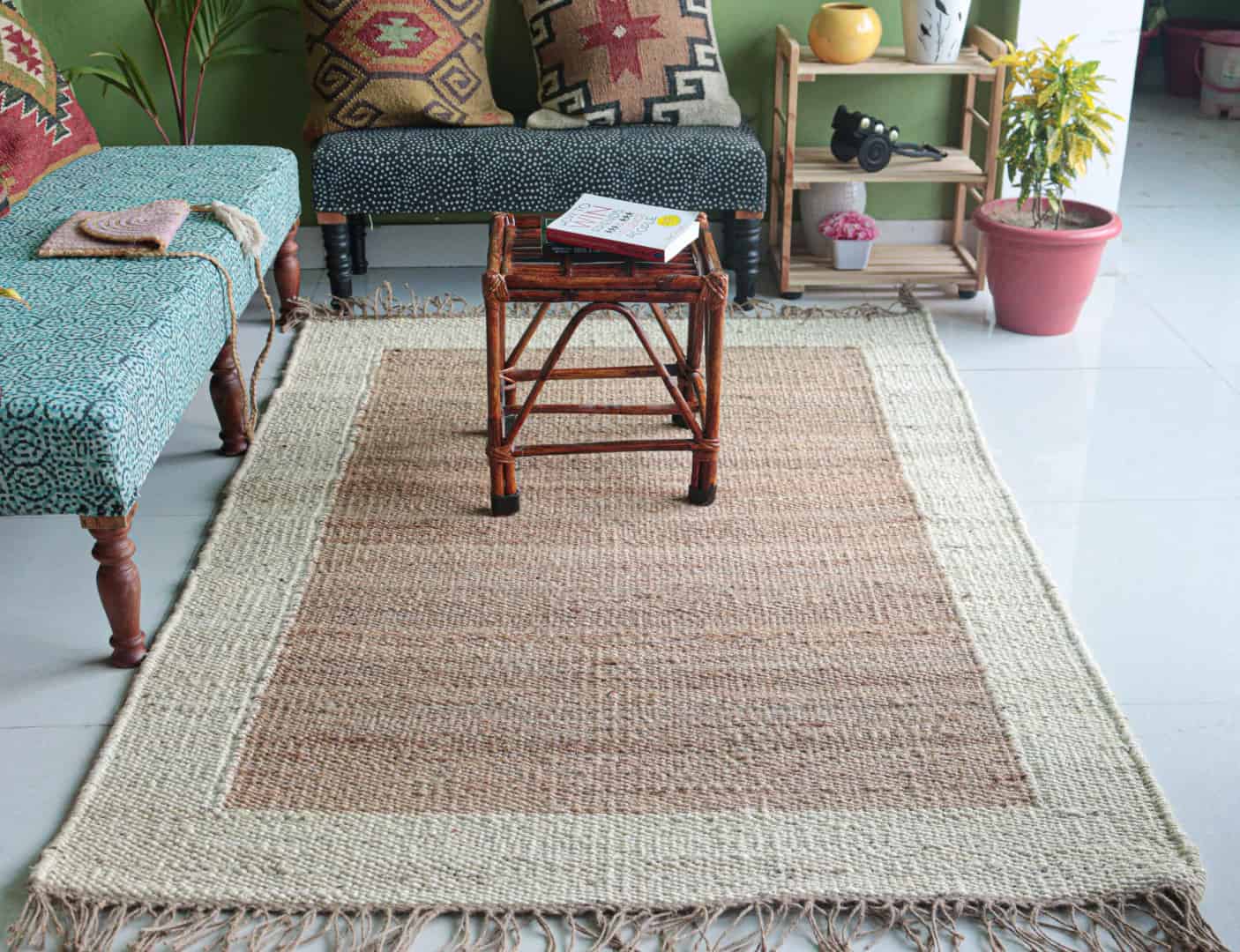 Handmade Natural Jute Hemp Rug With Off White Border Stair Decor Hemp Hand Loomed Handwoven Rugs Throw Carpet Home Decor Hemp Rug Fringes Jute Rug For Living Room - Image 2