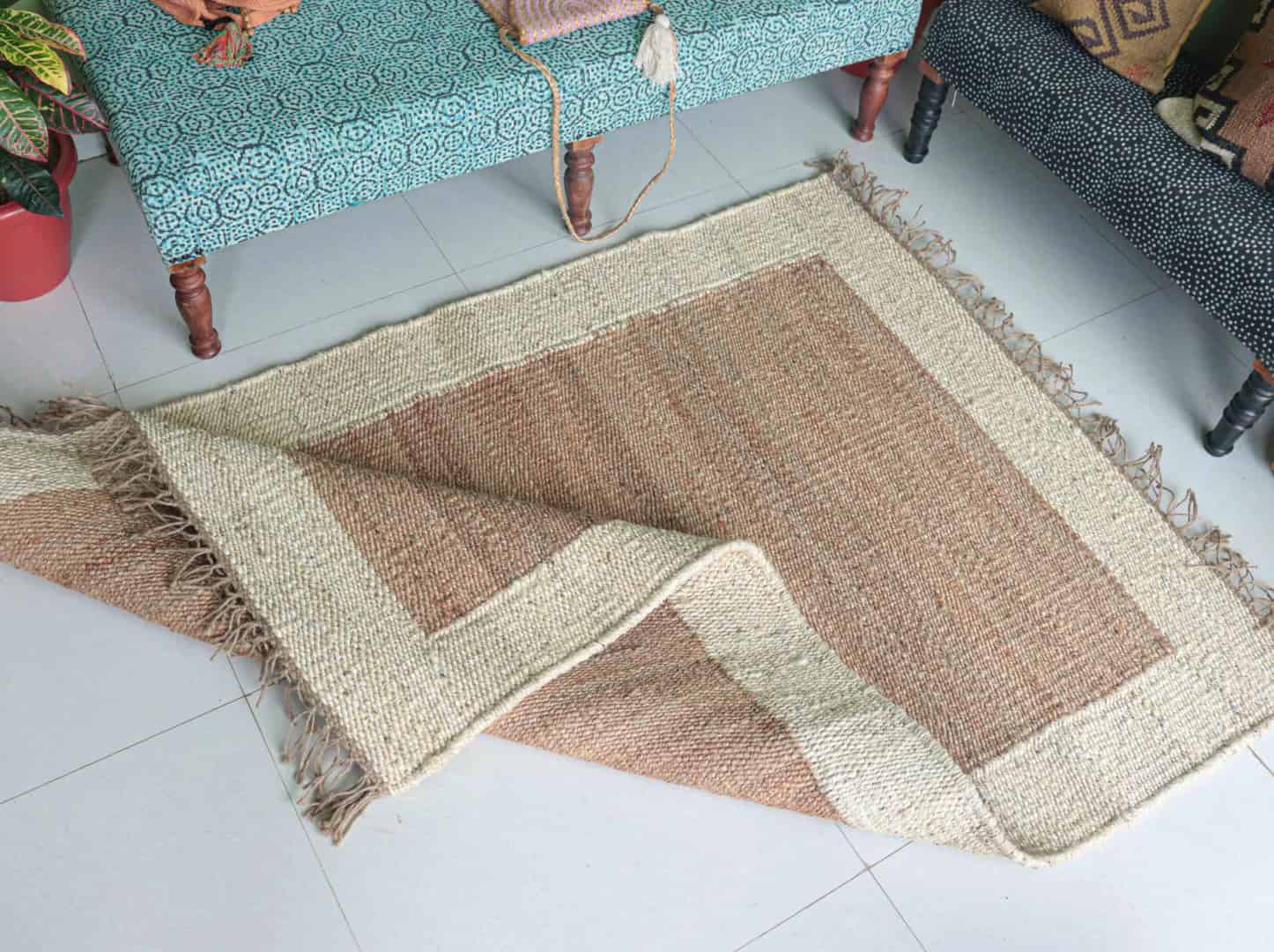 Handmade Natural Jute Hemp Rug With Off White Border Stair Decor Hemp Hand Loomed Handwoven Rugs Throw Carpet Home Decor Hemp Rug Fringes Jute Rug For Living Room - Image 5