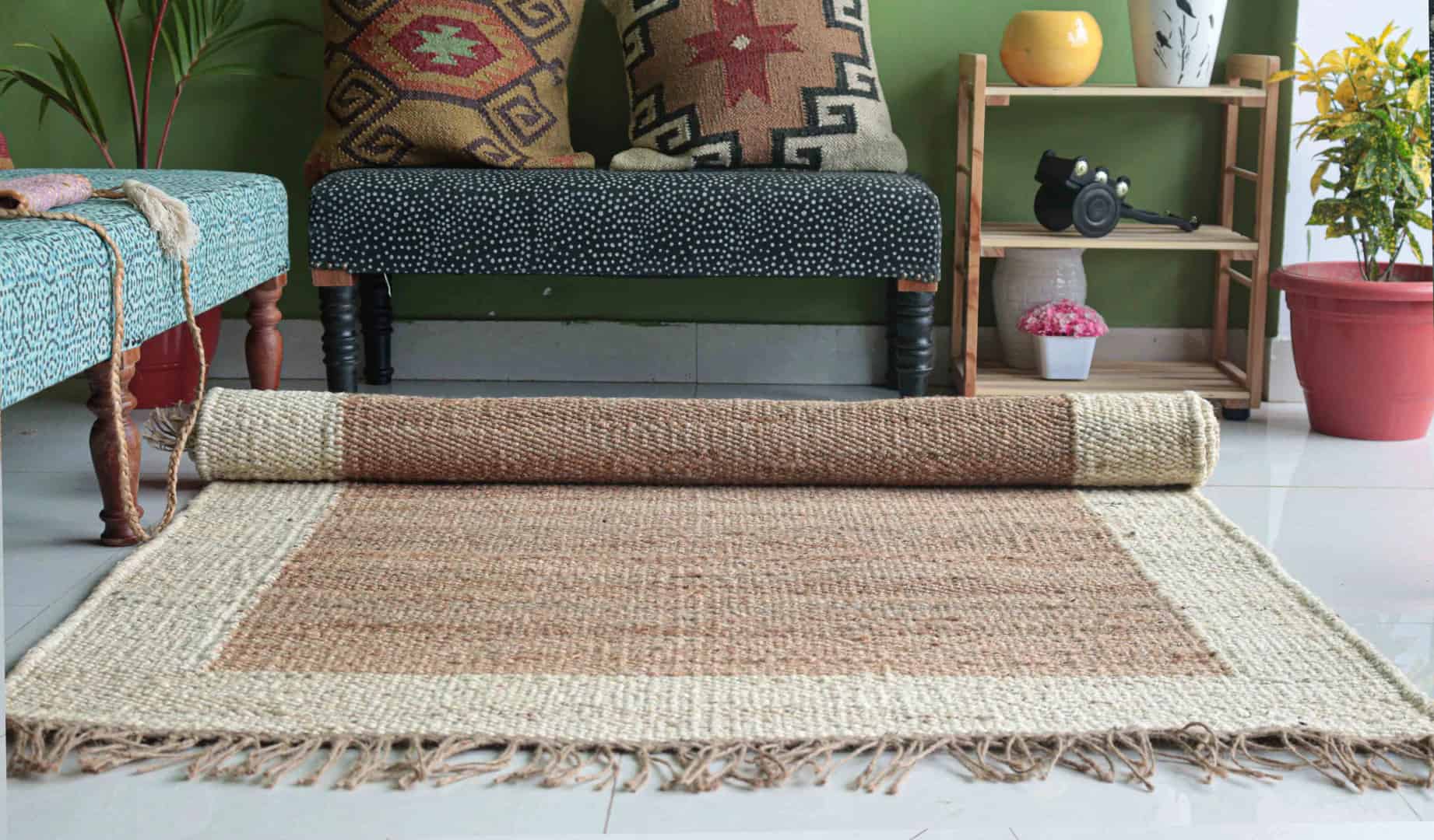 Handmade Natural Jute Hemp Rug With Off White Border Stair Decor Hemp Hand Loomed Handwoven Rugs Throw Carpet Home Decor Hemp Rug Fringes Jute Rug For Living Room - Image 4