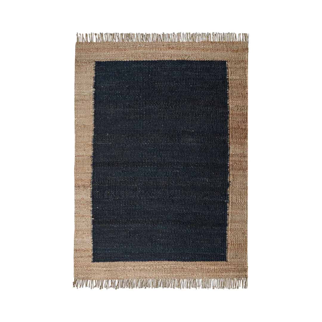 Black Rectangle Hemp Jute Rug Handwoven Large Area Rug Vintage Large Dhurrie Rug Natural Fringes Jute Rug Beige Border Jute Rug For Living Home Decorative Jute Rug   - Image 1