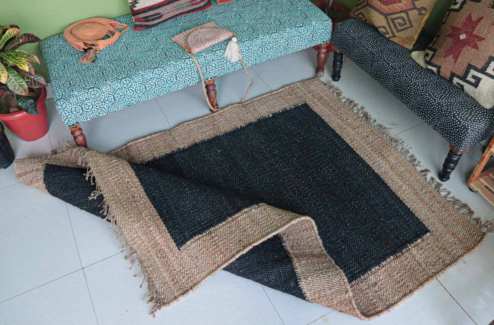 Black Rectangle Hemp Jute Rug Handwoven Large Area Rug Vintage Large Dhurrie Rug Natural Fringes Jute Rug Beige Border Jute Rug For Living Home Decorative Jute Rug   - Image 5
