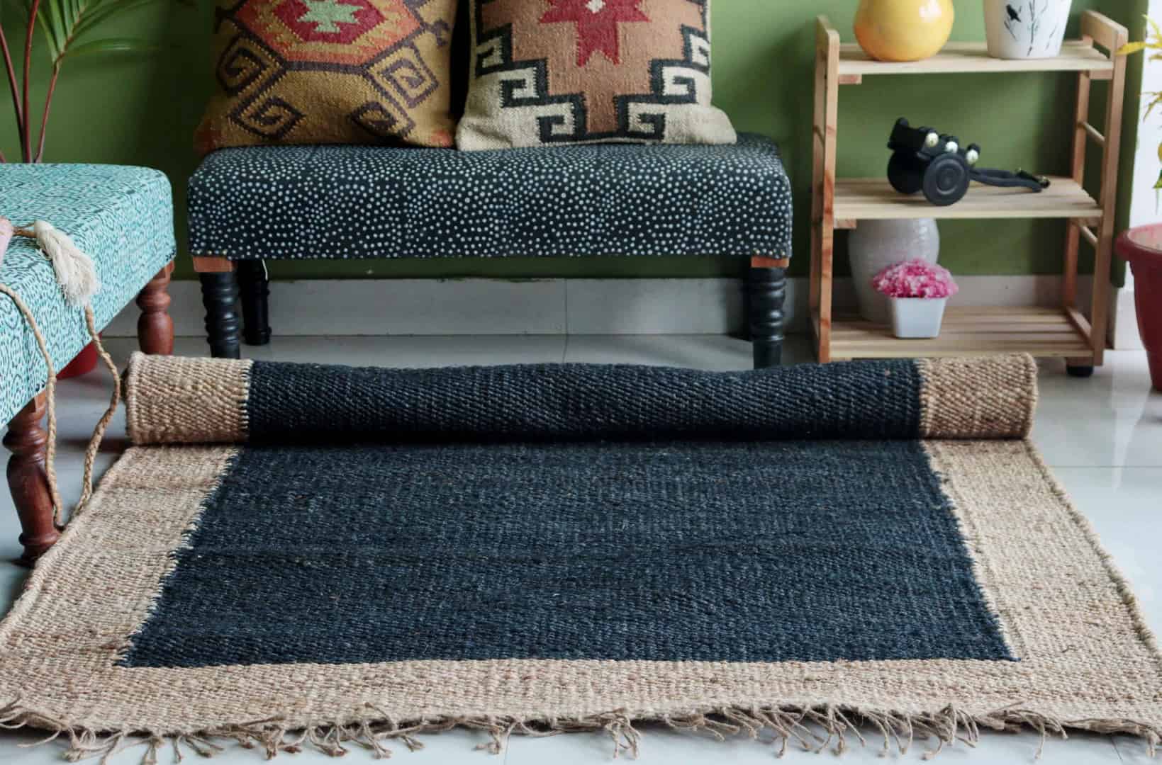 Black Rectangle Hemp Jute Rug Handwoven Large Area Rug Vintage Large Dhurrie Rug Natural Fringes Jute Rug Beige Border Jute Rug For Living Home Decorative Jute Rug   - Image 7