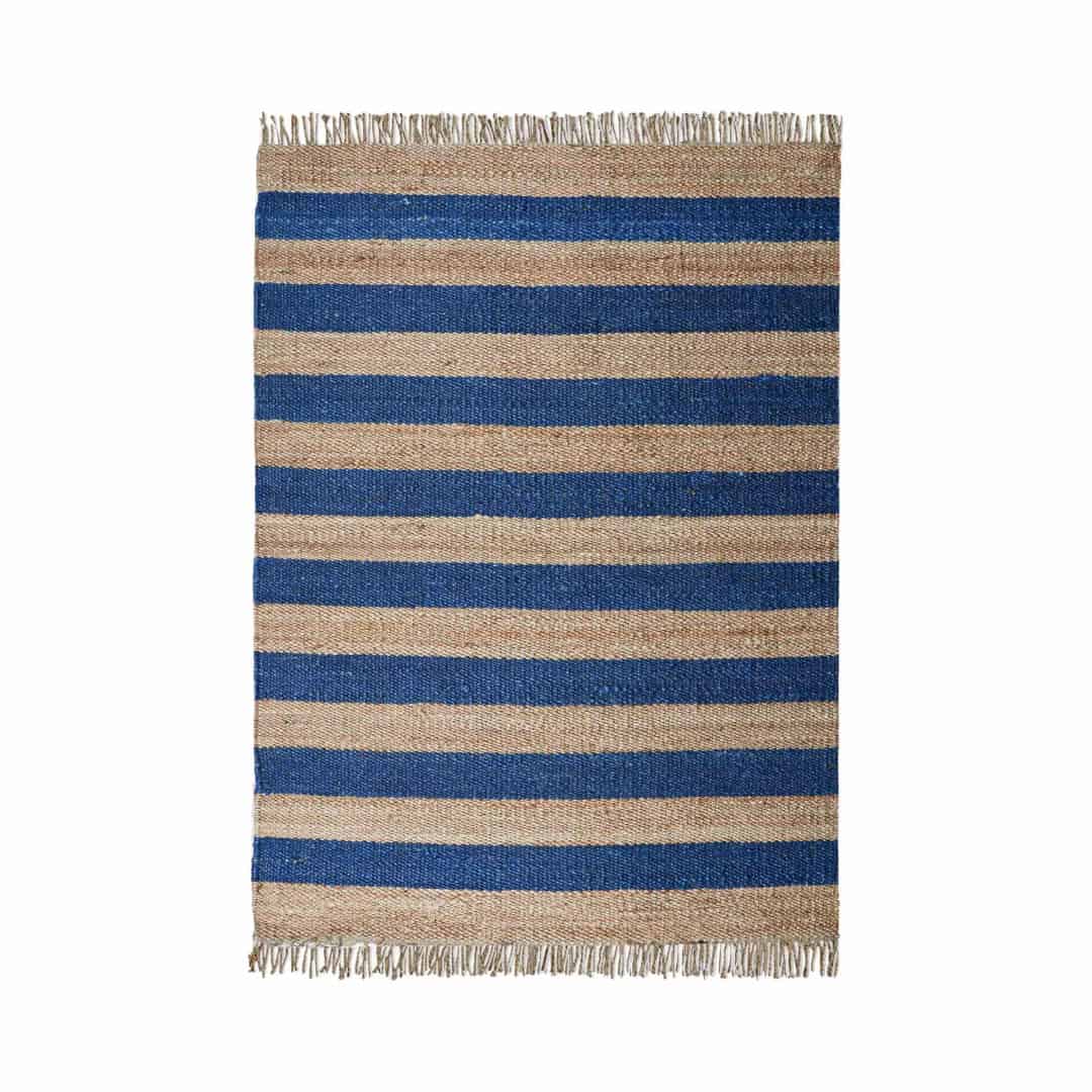 Indian Handmade Beige Hemp Jute Rug With Blue Stripes Beautiful Home and Living Decor Hemp Carpet Hemp Rug for Bedroom Decor Jute Large Area Rug Living Decor Rug Fringes Jute Rug  - Image 1