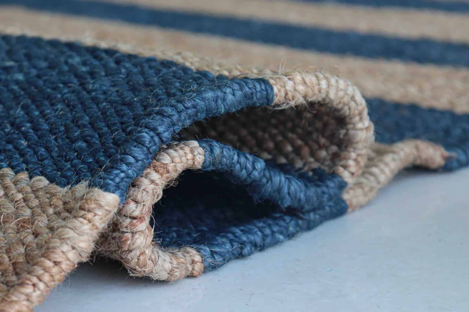 Indian Handmade Beige Hemp Jute Rug With Blue Stripes Beautiful Home and Living Decor Hemp Carpet Hemp Rug for Bedroom Decor Jute Large Area Rug Living Decor Rug Fringes Jute Rug  - Image 6