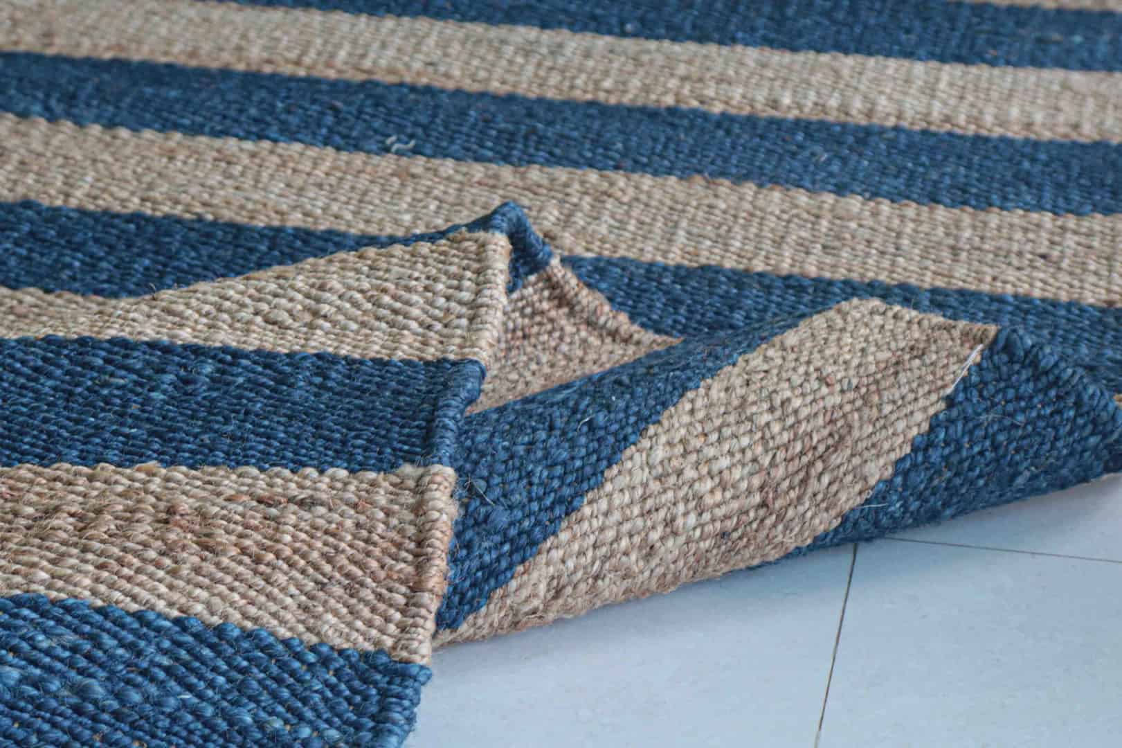 Indian Handmade Beige Hemp Jute Rug With Blue Stripes Beautiful Home and Living Decor Hemp Carpet Hemp Rug for Bedroom Decor Jute Large Area Rug Living Decor Rug Fringes Jute Rug  - Image 8