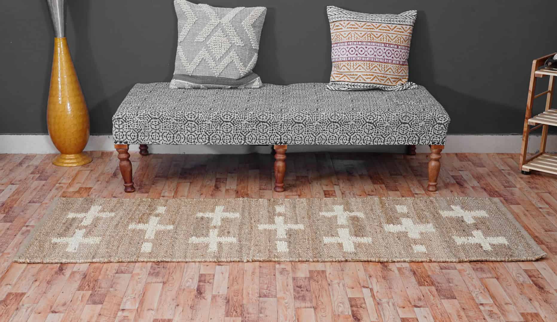 Hand Loomed Natural Jute Hemp Rug With White Plus Design Rug Handwoven Hemp Jute Rug for Eco-Friendly Home Decor Rug Table Hemp Runner Jute Rug Moroccan Rug  - Image 3