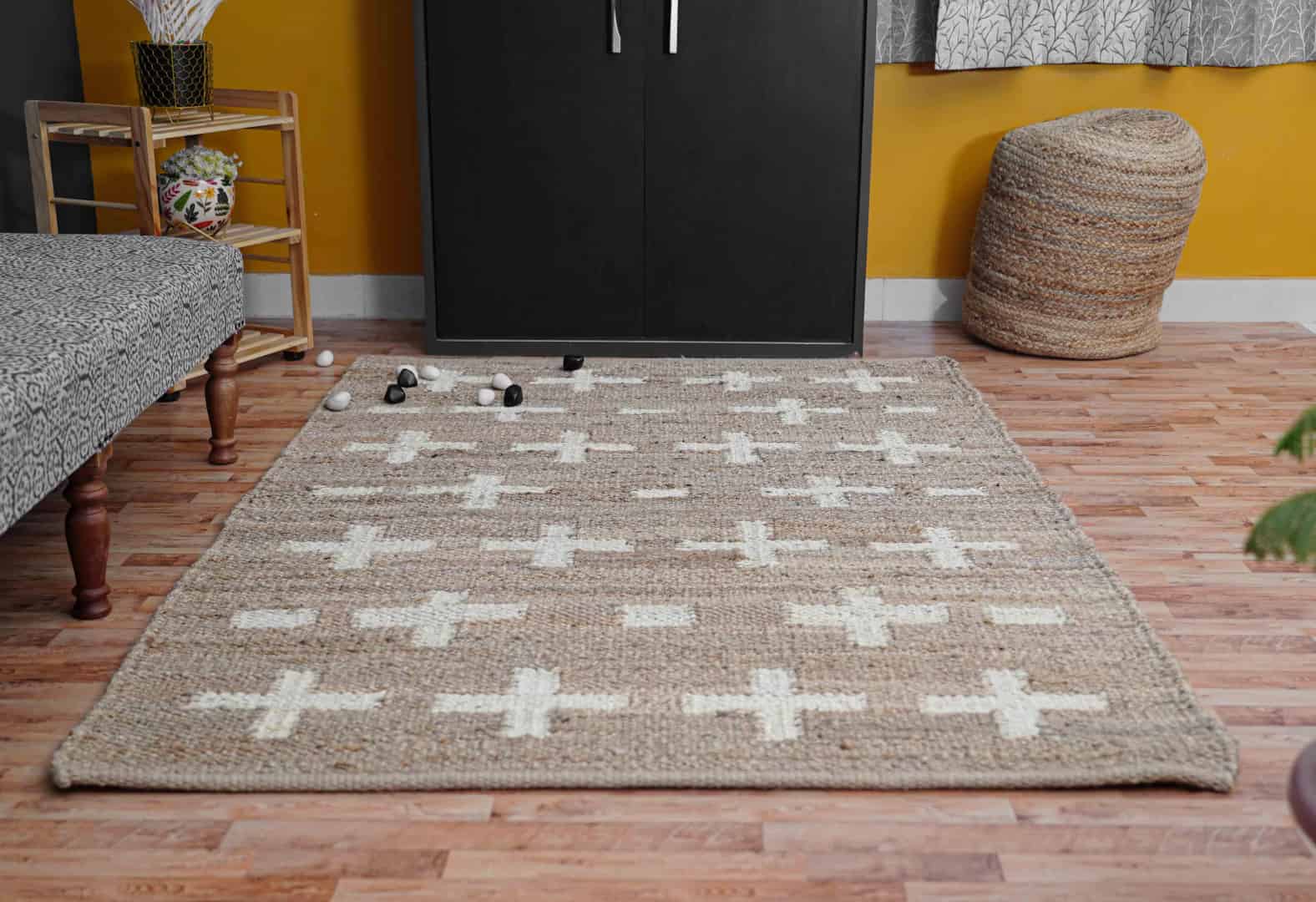 Hand Loomed Natural Jute Hemp Rug With White Plus Design Rug Handwoven Hemp Jute Rug for Eco-Friendly Home Decor Rug Table Hemp Runner Jute Rug Moroccan Rug  - Image 4