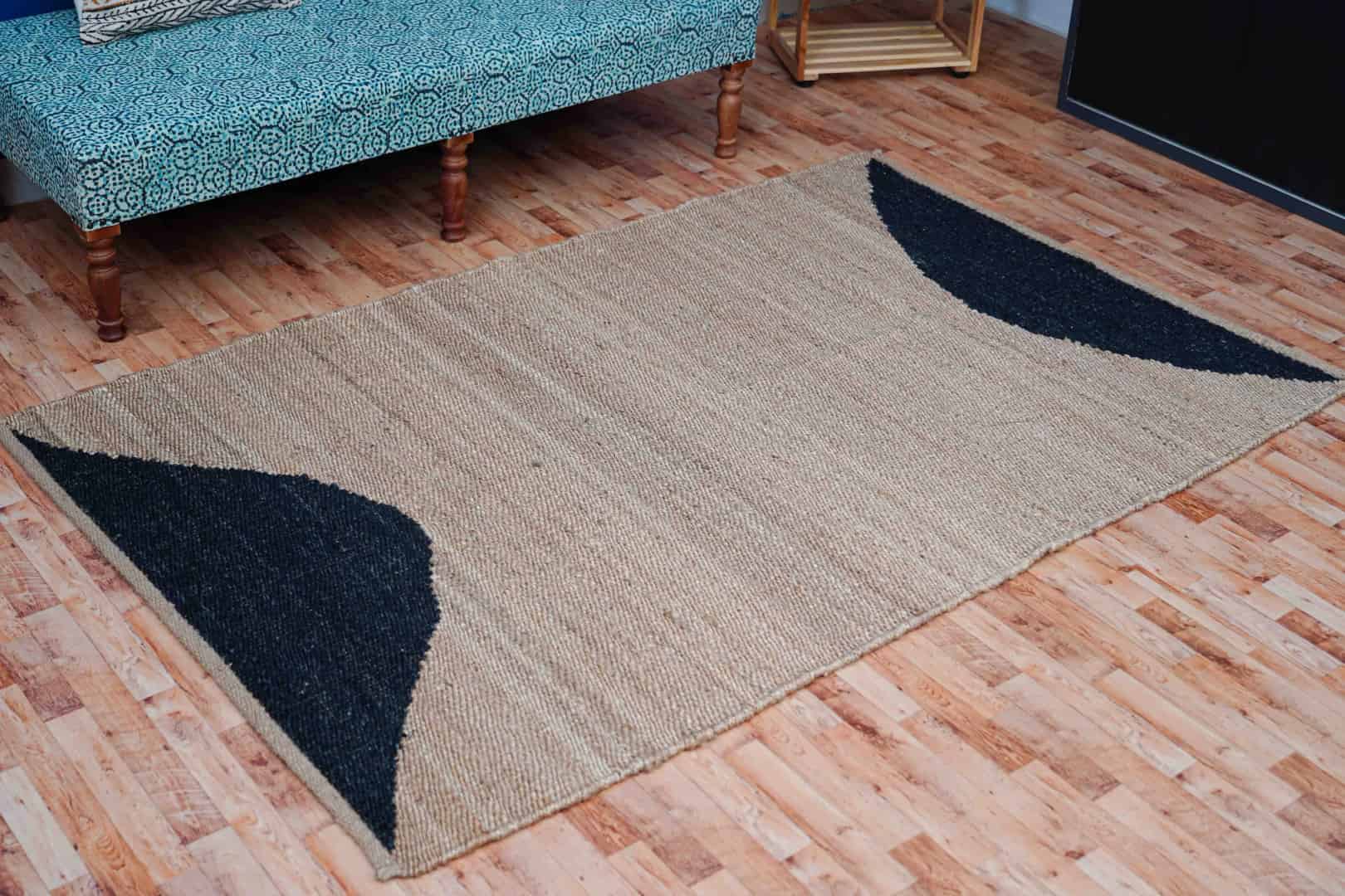 Natural Jute Hemp Rectangle Rug With Half Black Design Area Rug Vintage Decor Dhurrie Rug For Living Long Kitchen Decor Rug Bohemian Jute Rug Floor Rectangle Jute Rug - Image 2