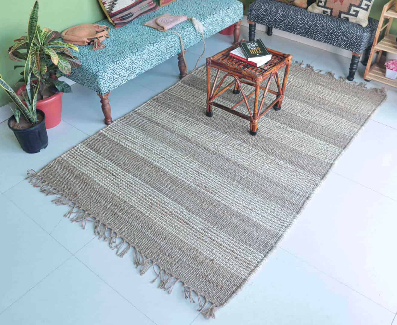 Indian Handwoven Hemp Large Area Decor Rug Natural Hemp With White Stiped Line Rug Fringes Jute Rug Vintage Decor Rug Living Room Rug Traditional Jute Rug  - Image 5