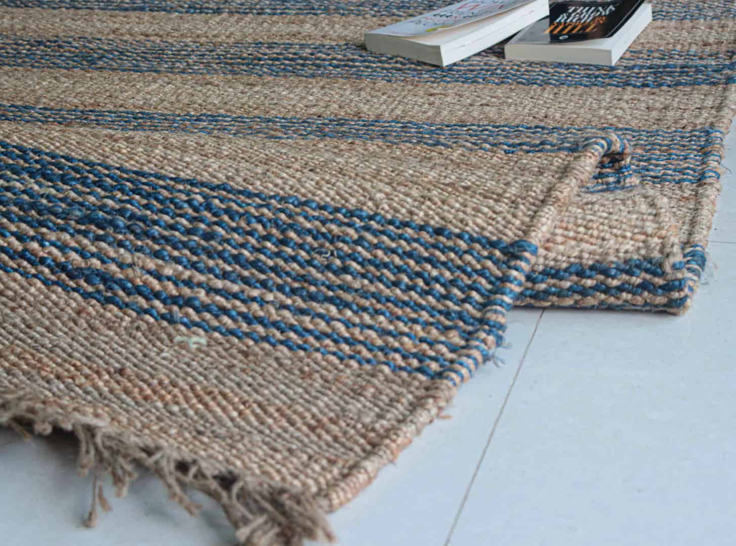 Handmade Beige Jute Hemp Rug With Blue Color Stripes Hallway Decor Hemp Rectangle Hemp For Farmhouse Hemp Carpet Boho Decor Hemp Rug Vintage Large Decor Area Rug  - Image 8
