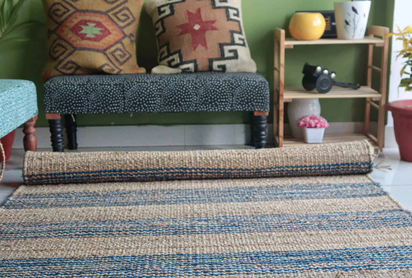 Handmade Beige Jute Hemp Rug With Blue Color Stripes Hallway Decor Hemp Rectangle Hemp For Farmhouse Hemp Carpet Boho Decor Hemp Rug Vintage Large Decor Area Rug  - Image 2
