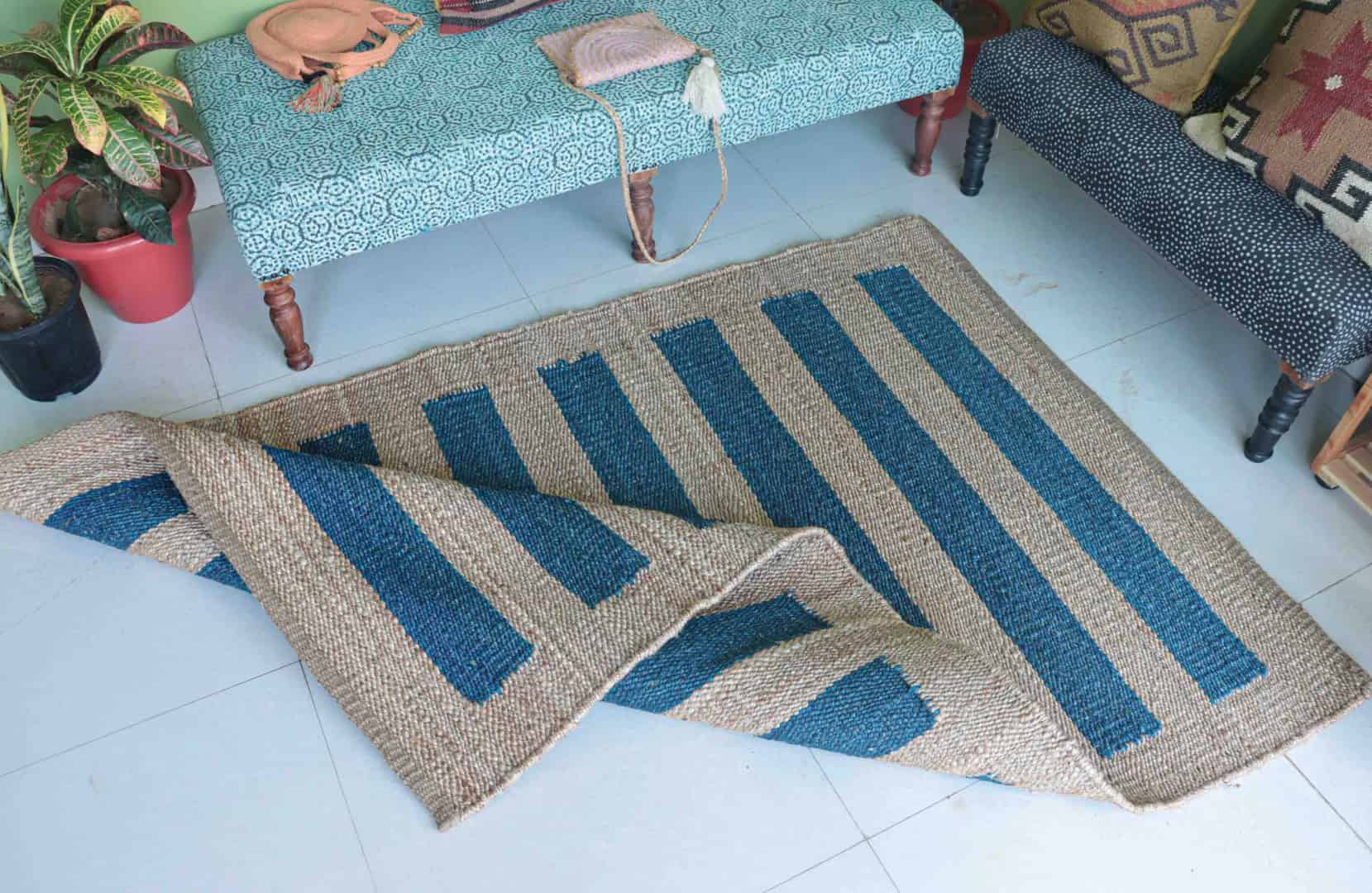Indian Handmade Beige Jute Hemp Rug With Blue Stripes Home and Living Decor Hemp Rug Hemp Rug for Bedroom Kitchen Decor Hemp Large Area Hemp Dhurrie Rug  - Image 4