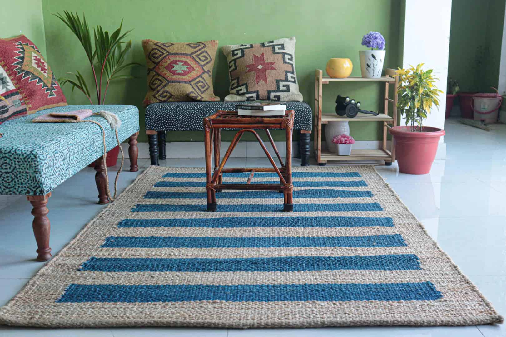Indian Handmade Beige Jute Hemp Rug With Blue Stripes Home and Living Decor Hemp Rug Hemp Rug for Bedroom Kitchen Decor Hemp Large Area Hemp Dhurrie Rug  - Image 2
