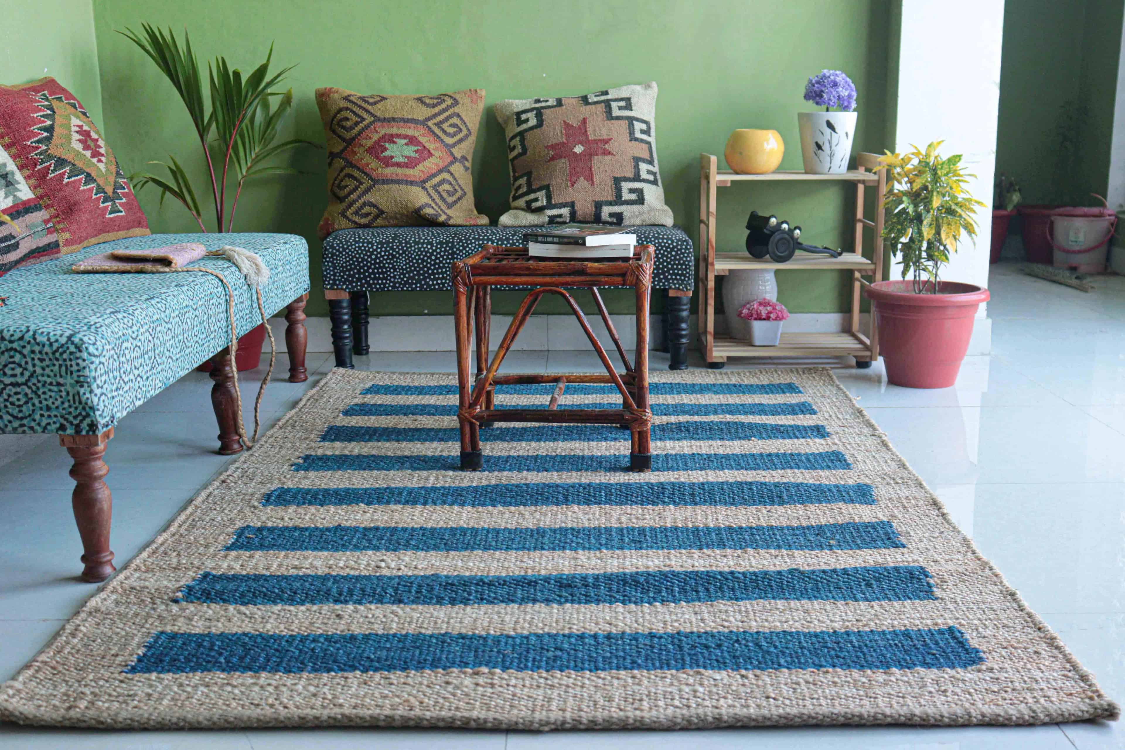 Indian Handmade Beige Jute Hemp Rug With Blue Stripes Home and Living Decor Hemp Rug Hemp Rug for Bedroom Kitchen Decor Hemp Large Area Hemp Dhurrie Rug  - Image 2