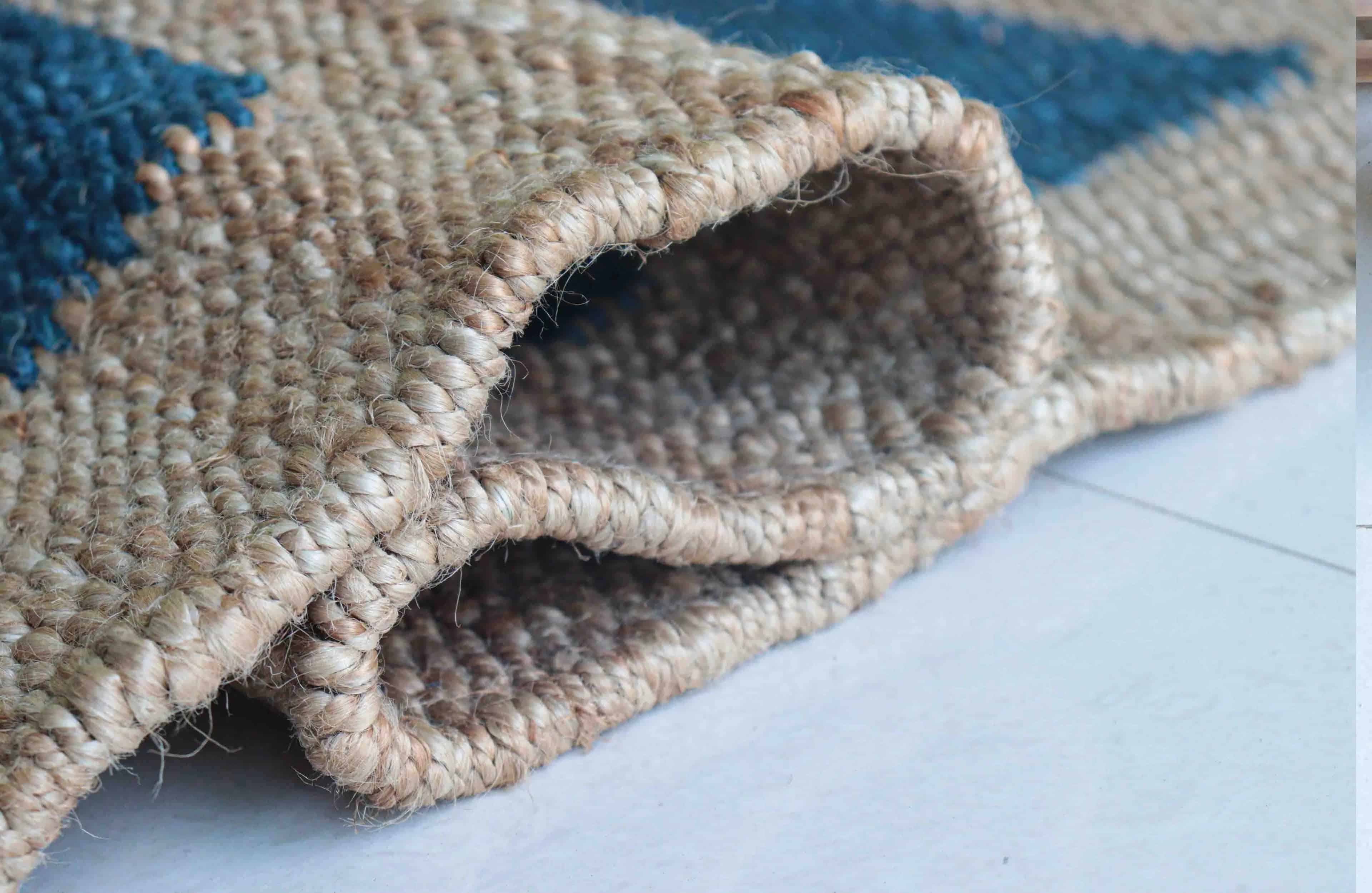 Indian Handmade Beige Jute Hemp Rug With Blue Stripes Home and Living Decor Hemp Rug Hemp Rug for Bedroom Kitchen Decor Hemp Large Area Hemp Dhurrie Rug  - Image 6