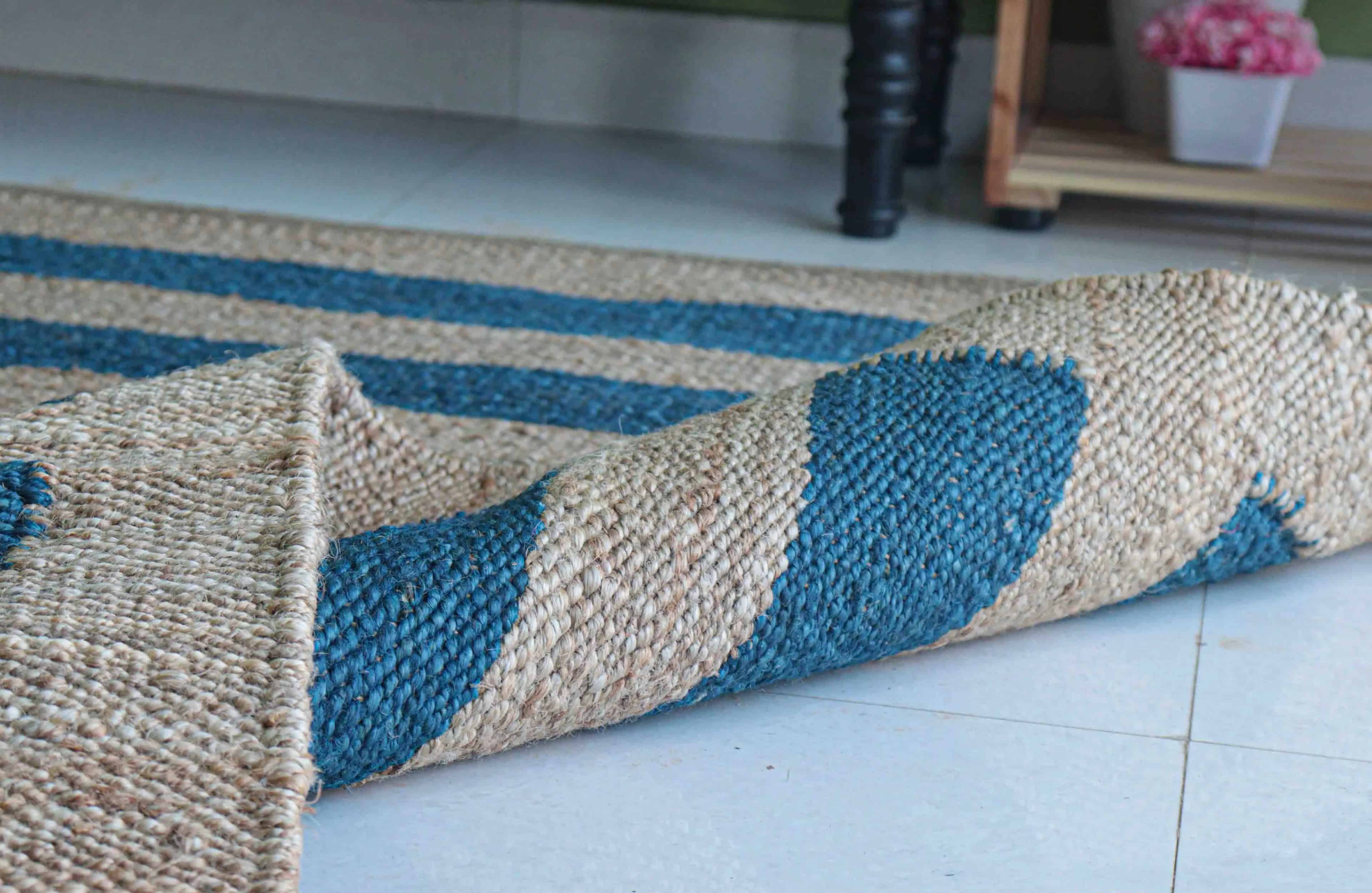 Indian Handmade Beige Jute Hemp Rug With Blue Stripes Home and Living Decor Hemp Rug Hemp Rug for Bedroom Kitchen Decor Hemp Large Area Hemp Dhurrie Rug  - Image 5