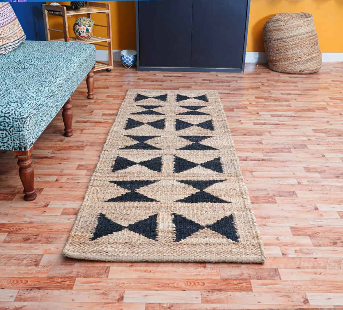 Handwoven Stair Natural Jute Hemp Rug With Black Design Bedside Runner Rug Hand Loomed Yoga Hemp Bohemian Jute Area Rug Large Area Runner Decor Rug For Living Home Rug  - Image 2