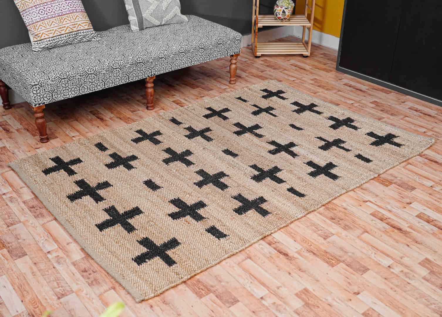 Natural Jute Hemp Rectangle Rug With Black Plus Design Jute Hemp Rectangle Hemp For Stair Decor Tufted Hemp Rug Moroccan Hemp Rug Living Hallway Decorative Hemp Jute Rug  - Image 2