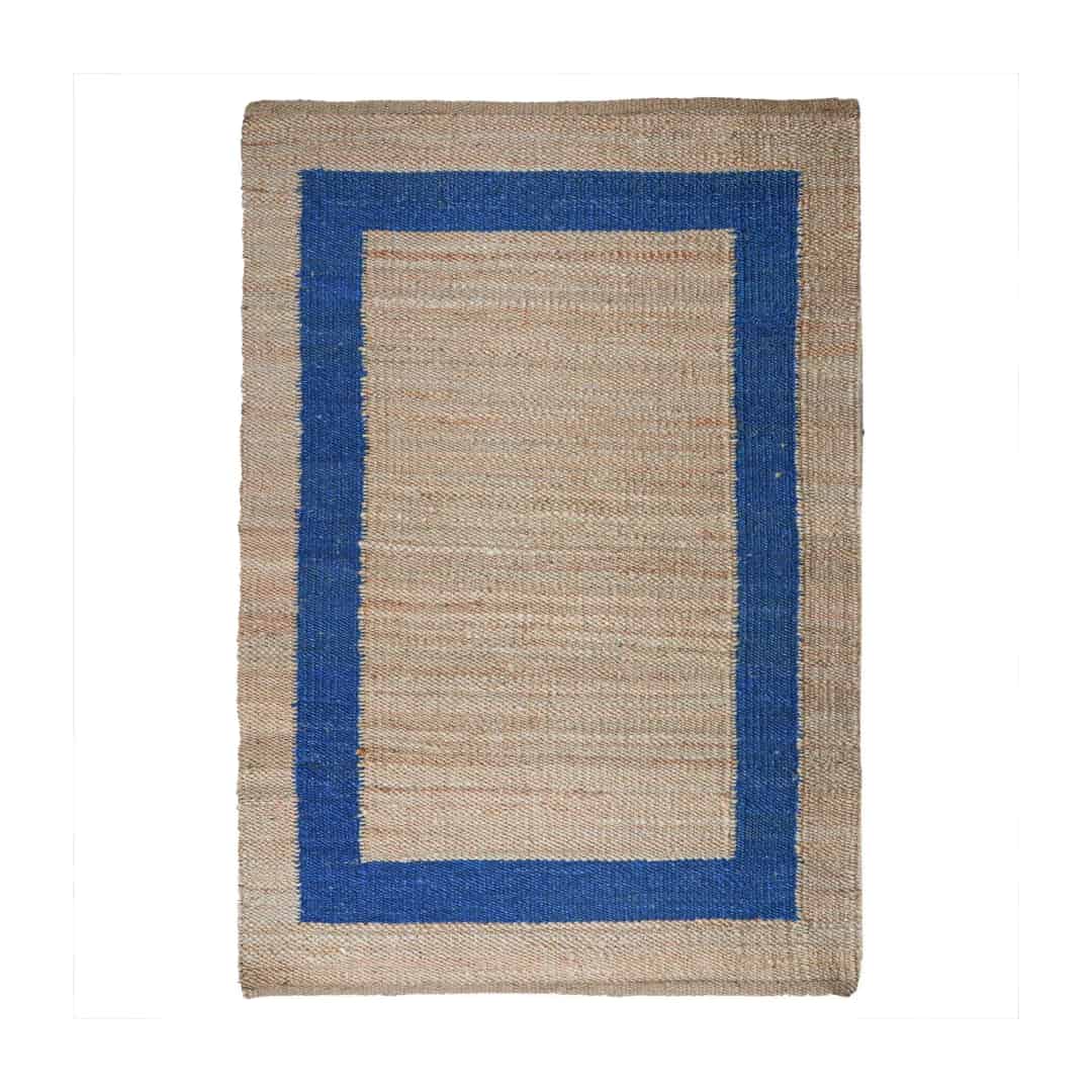 Indian Handmade Rectangle Beige Jute Hemp Rug with Blue Border Boho Decor Hemp Jute Carpet Hallway Decor Hemp Jute Rectangle Hemp For Farmhouse Decor Rug Living Home  - Image 1