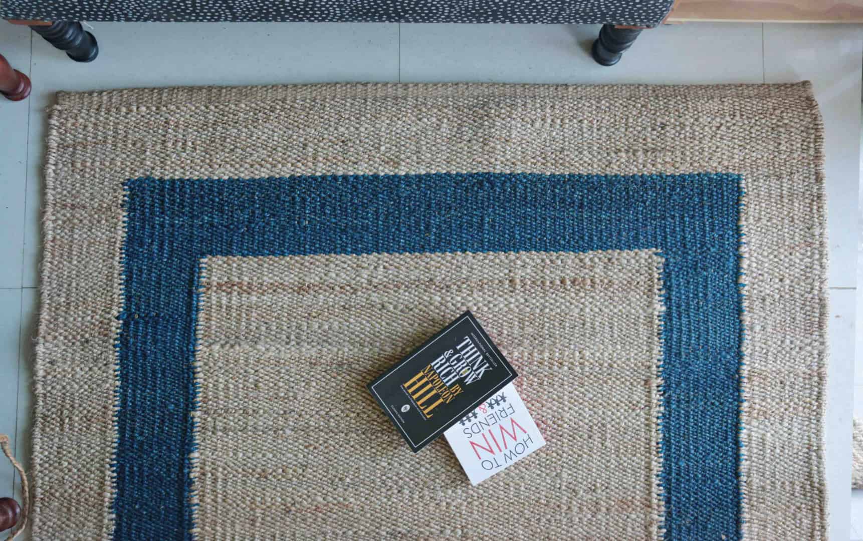 Indian Handmade Rectangle Beige Jute Hemp Rug with Blue Border Boho Decor Hemp Jute Carpet Hallway Decor Hemp Jute Rectangle Hemp For Farmhouse Decor Rug Living Home  - Image 8
