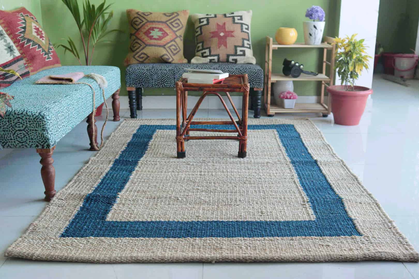 Indian Handmade Rectangle Beige Jute Hemp Rug with Blue Border Boho Decor Hemp Jute Carpet Hallway Decor Hemp Jute Rectangle Hemp For Farmhouse Decor Rug Living Home  - Image 4