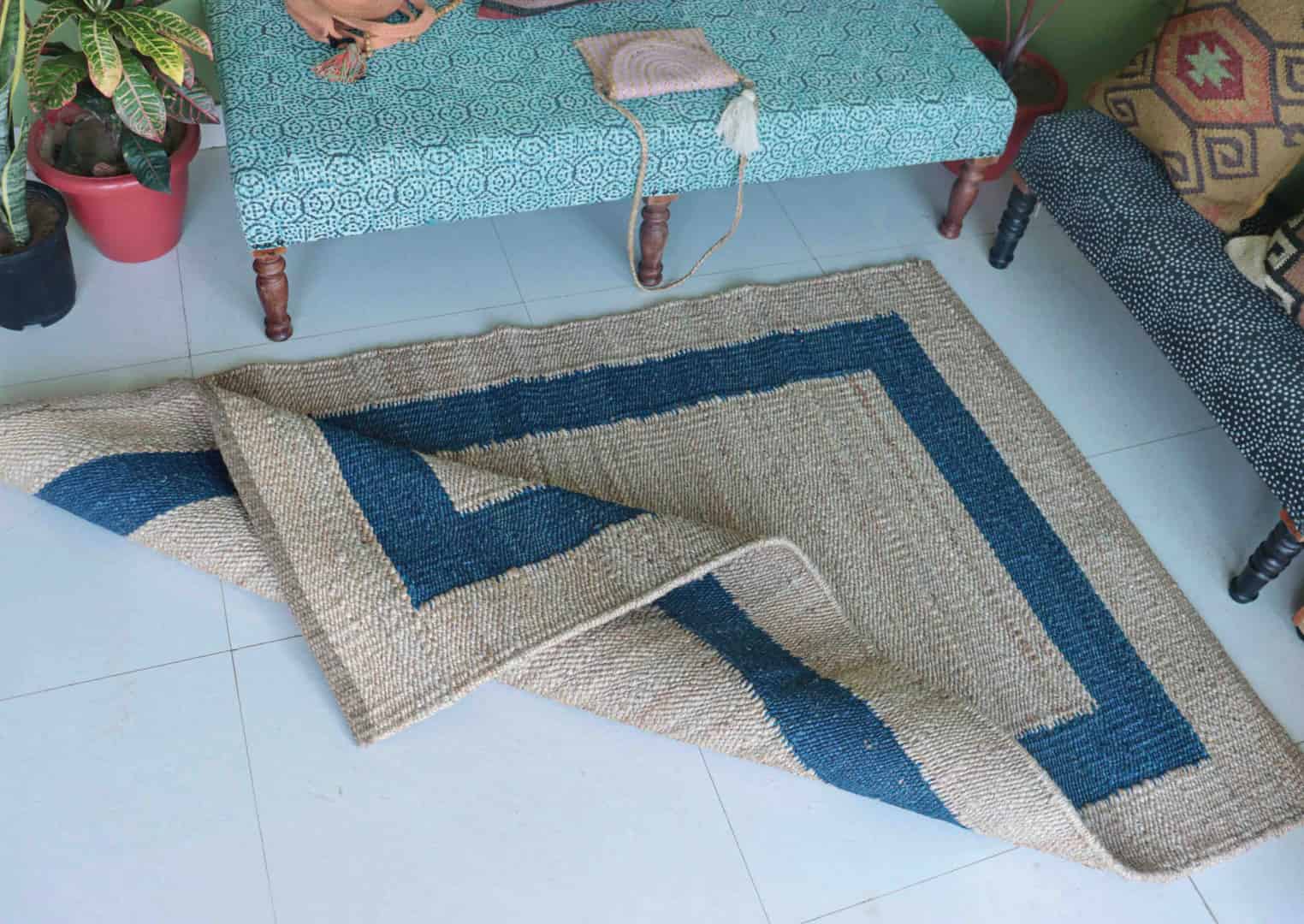 Indian Handmade Rectangle Beige Jute Hemp Rug with Blue Border Boho Decor Hemp Jute Carpet Hallway Decor Hemp Jute Rectangle Hemp For Farmhouse Decor Rug Living Home  - Image 3