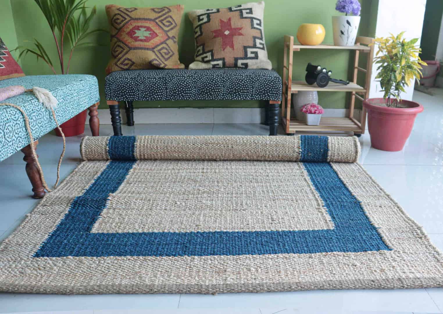 Indian Handmade Rectangle Beige Jute Hemp Rug with Blue Border Boho Decor Hemp Jute Carpet Hallway Decor Hemp Jute Rectangle Hemp For Farmhouse Decor Rug Living Home  - Image 6
