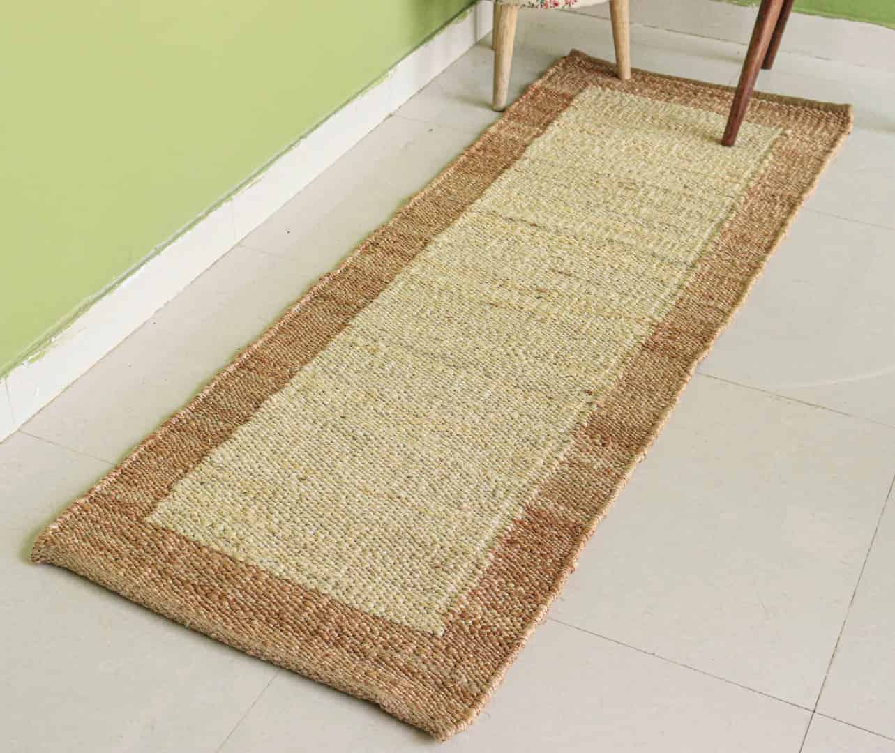 Indian Hand Loom Off White With Beige Border Hemp Jute Runner Rug Yoga Mat Throw Carpet Decorative Rug Stair Decor Runner Boho Large Runner Jute Rug Living Room Carpet Rug - Image 1