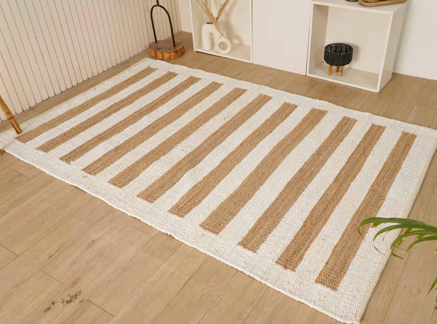 Handwoven White Hemp Jute Rug With Beige Stripes Line Rug Vintage Jute Area Rug For Living Home Decor Rug Vintage Area Rug Entryway Jute Dhurrie Rug Kitchen Decor Area Rug - Image 4