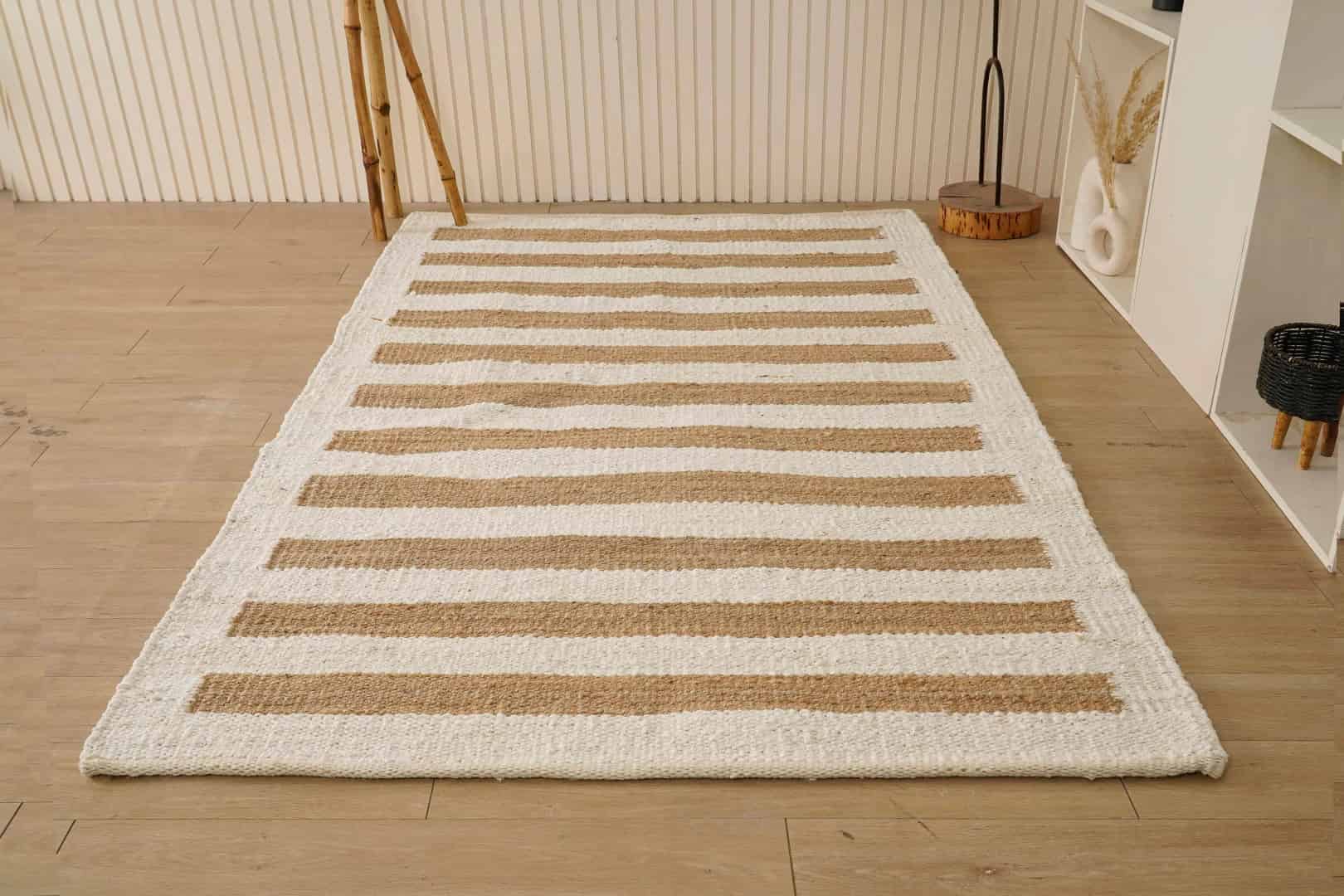 Handwoven White Hemp Jute Rug With Beige Stripes Line Rug Vintage Jute Area Rug For Living Home Decor Rug Vintage Area Rug Entryway Jute Dhurrie Rug Kitchen Decor Area Rug - Image 1