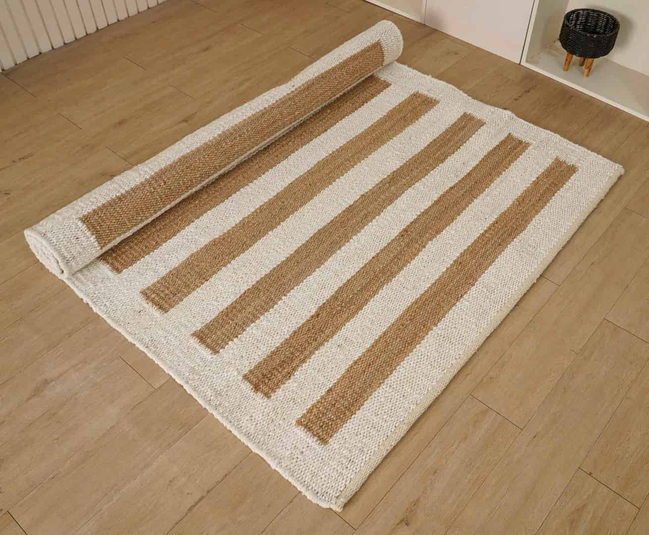 Handwoven White Hemp Jute Rug With Beige Stripes Line Rug Vintage Jute Area Rug For Living Home Decor Rug Vintage Area Rug Entryway Jute Dhurrie Rug Kitchen Decor Area Rug - Image 3