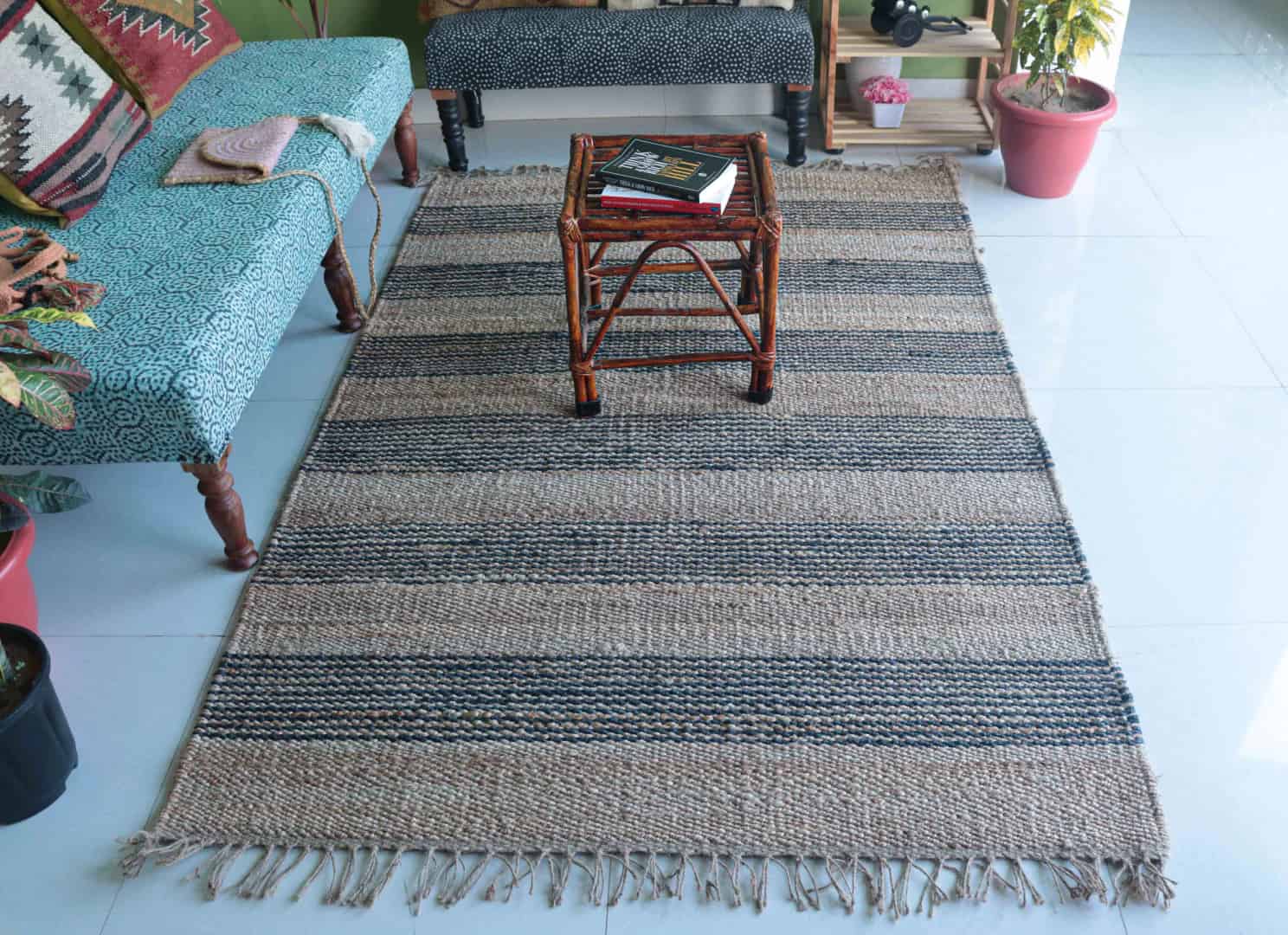 Hand Weaving Beige And Blue Color Rectangle Rug Vintage Hemp Jute Rug For Living Room And Home Decor Rug  - Image 3