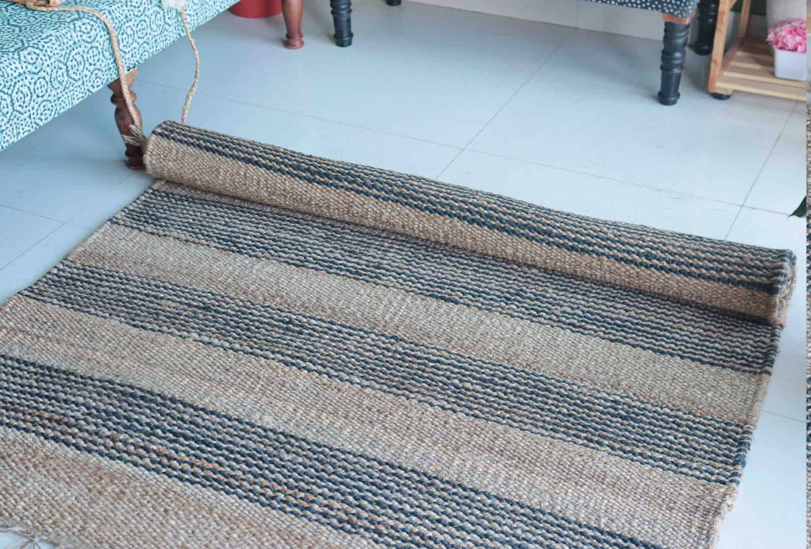 Hand Weaving Beige And Blue Color Rectangle Rug Vintage Hemp Jute Rug For Living Room And Home Decor Rug  - Image 6