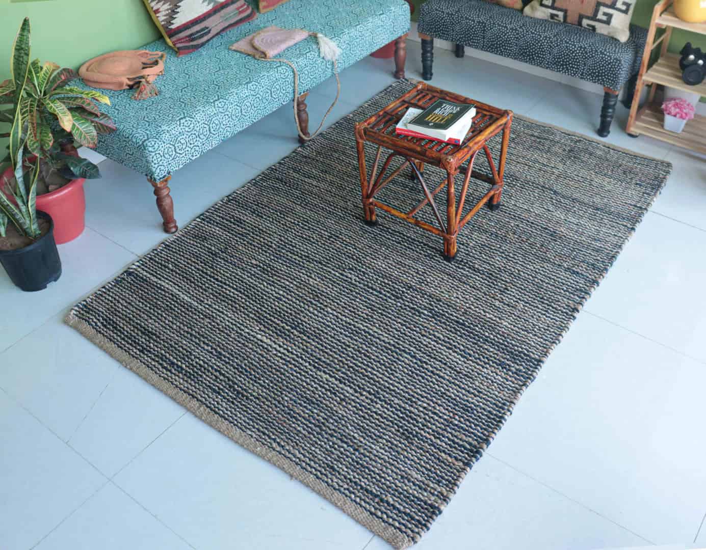 Decorating Rectangle Rug Interier Style making Hallway Hand Weaving Beige And Blue Color Rectangle Rug Vintage Hemp Jute Rug For Living Room Decor Rug - Image 2