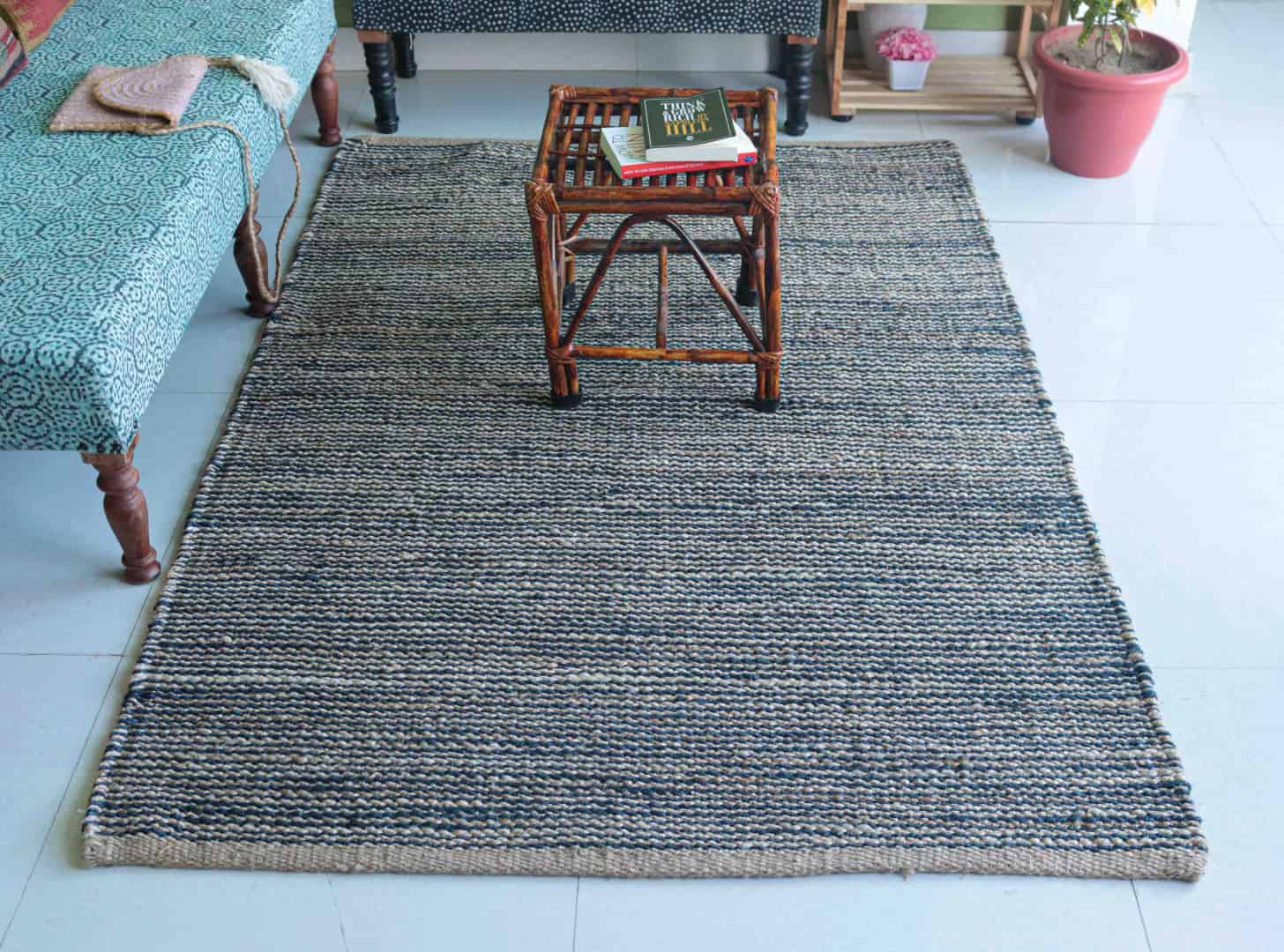 Decorating Rectangle Rug Interier Style making Hallway Hand Weaving Beige And Blue Color Rectangle Rug Vintage Hemp Jute Rug For Living Room Decor Rug - Image 8