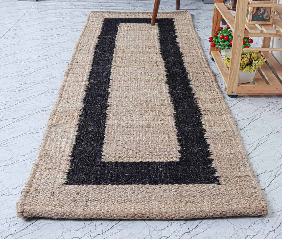 Hand Crafted Decorating Runner Rug Beige With Black Border Rug Vintage Hemp Jute Rug For Living Room and Kichan Decor Rug Lagre Area Runner Rug - Image 6