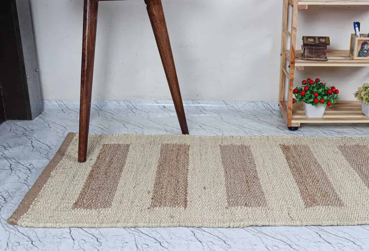 Hand Crafted Hemp Jute Rug For Living Room Home Decor Rug Off white With Beige Color Stripes Line Decor Lagre Area Runner Rug Handwoven Hemp Runner Rug - Image 6