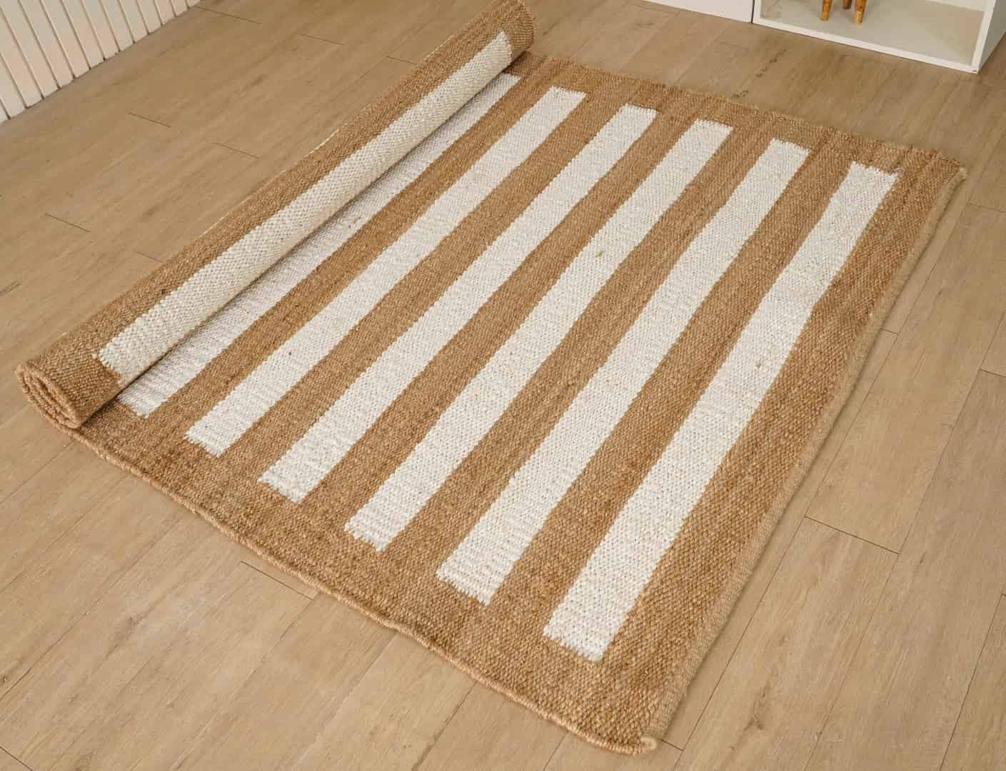 Handwoven Hemp Rectangle Jute Rug Natural Jute Rug With White Stripes Line Decor Rug For Living Room And Kitchen Decor Rug Vintage Jute Bohemian Rug Large Area Rug  - Image 2