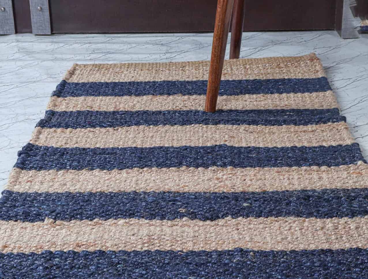 Hand Crafted Home Decor Hamp Jute Runner Rug Beige With Nevy Blue Stripes Line Rug For Living Room and Kichan Decor Rug Large Area Vintage Rug   - Image 3