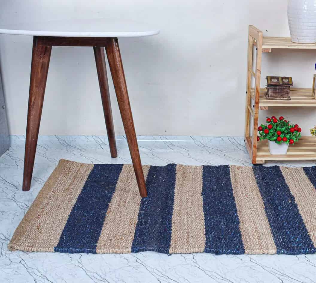 Hand Crafted Home Decor Hamp Jute Runner Rug Beige With Nevy Blue Stripes Line Rug For Living Room and Kichan Decor Rug Large Area Vintage Rug   - Image 6
