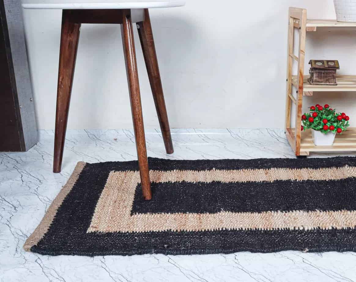 Vintage Hand Crafted Black With Beige Border Hemp Jute Runner Rug Home Decorative Rug for Living Room and Kichan Decor Large Area Jute Rug Bohemian Jute Dhurrie  - Image 3